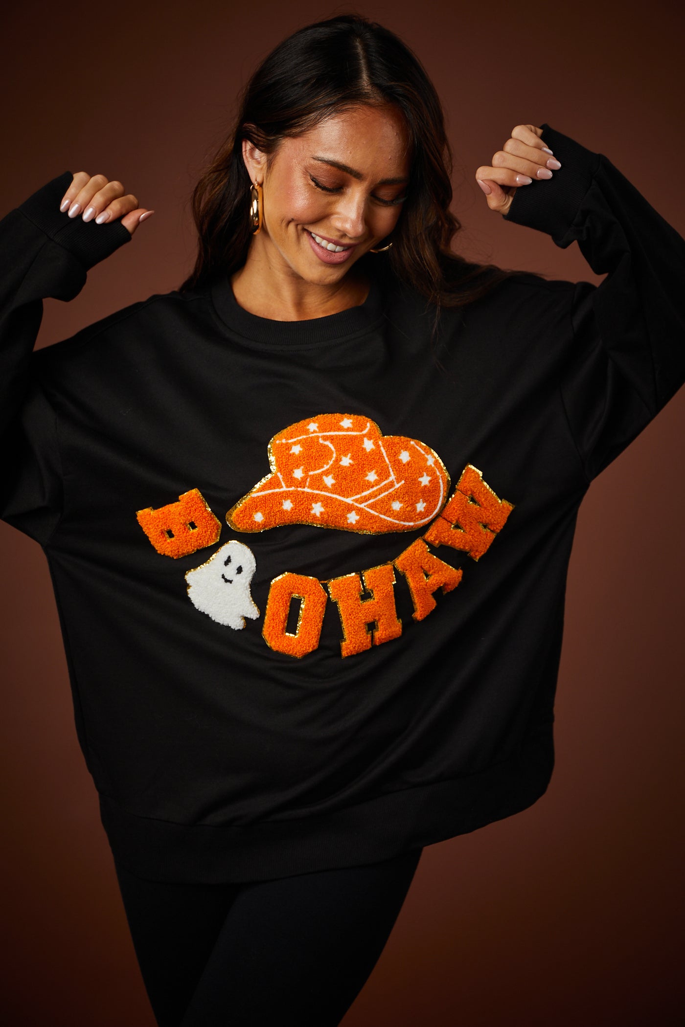 Black 'Boo Haw' Cowboy Hat Graphic Sweater