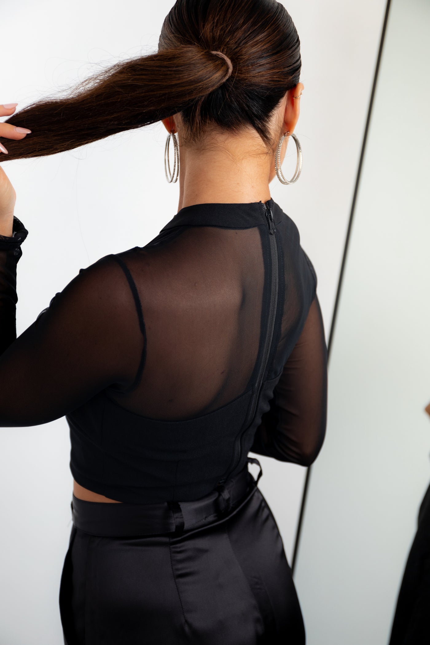 Black Bow Detail Mesh Long Sleeve Crop Top