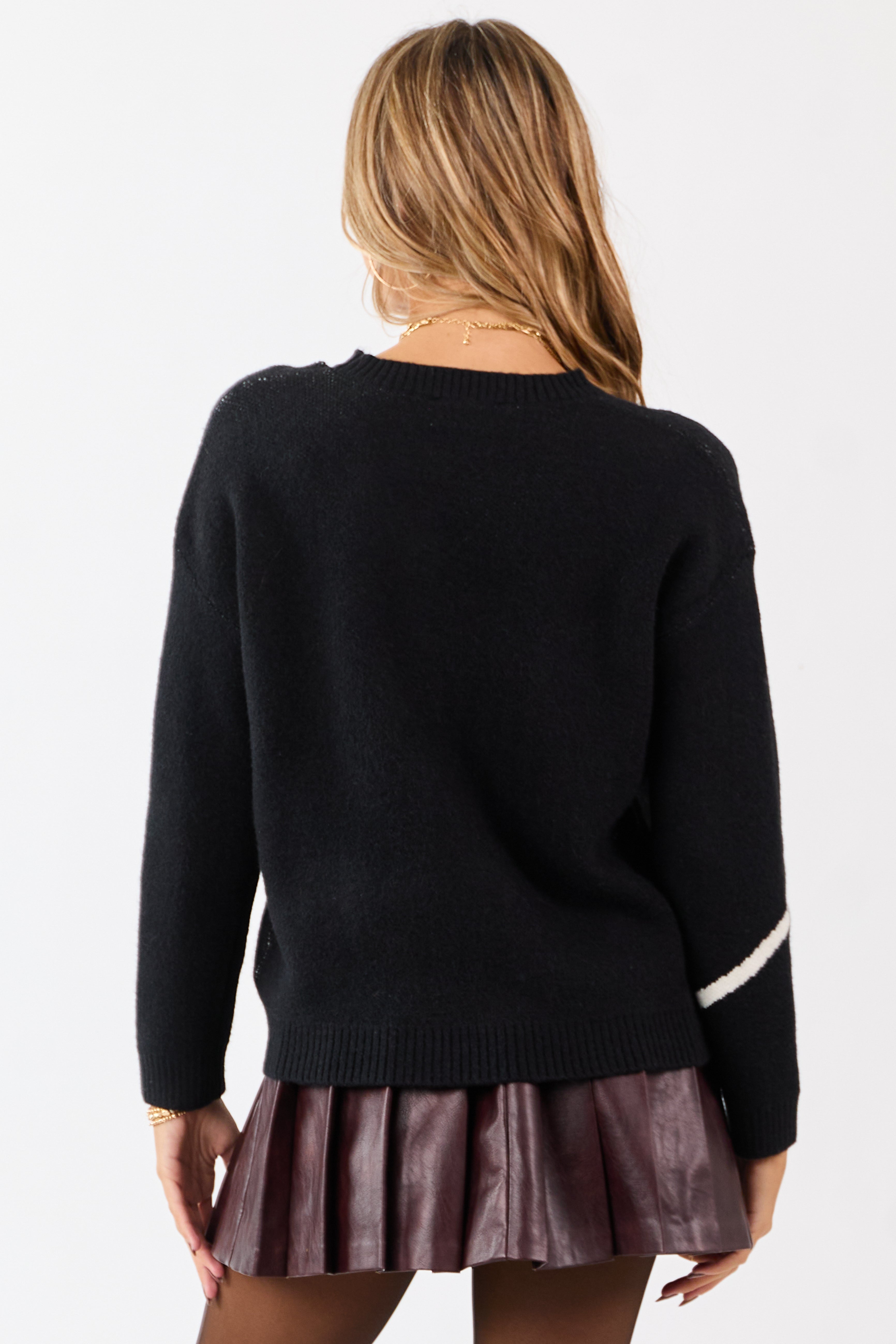 Black and Ivory Bow Graphic Relaxed Knit Sweater