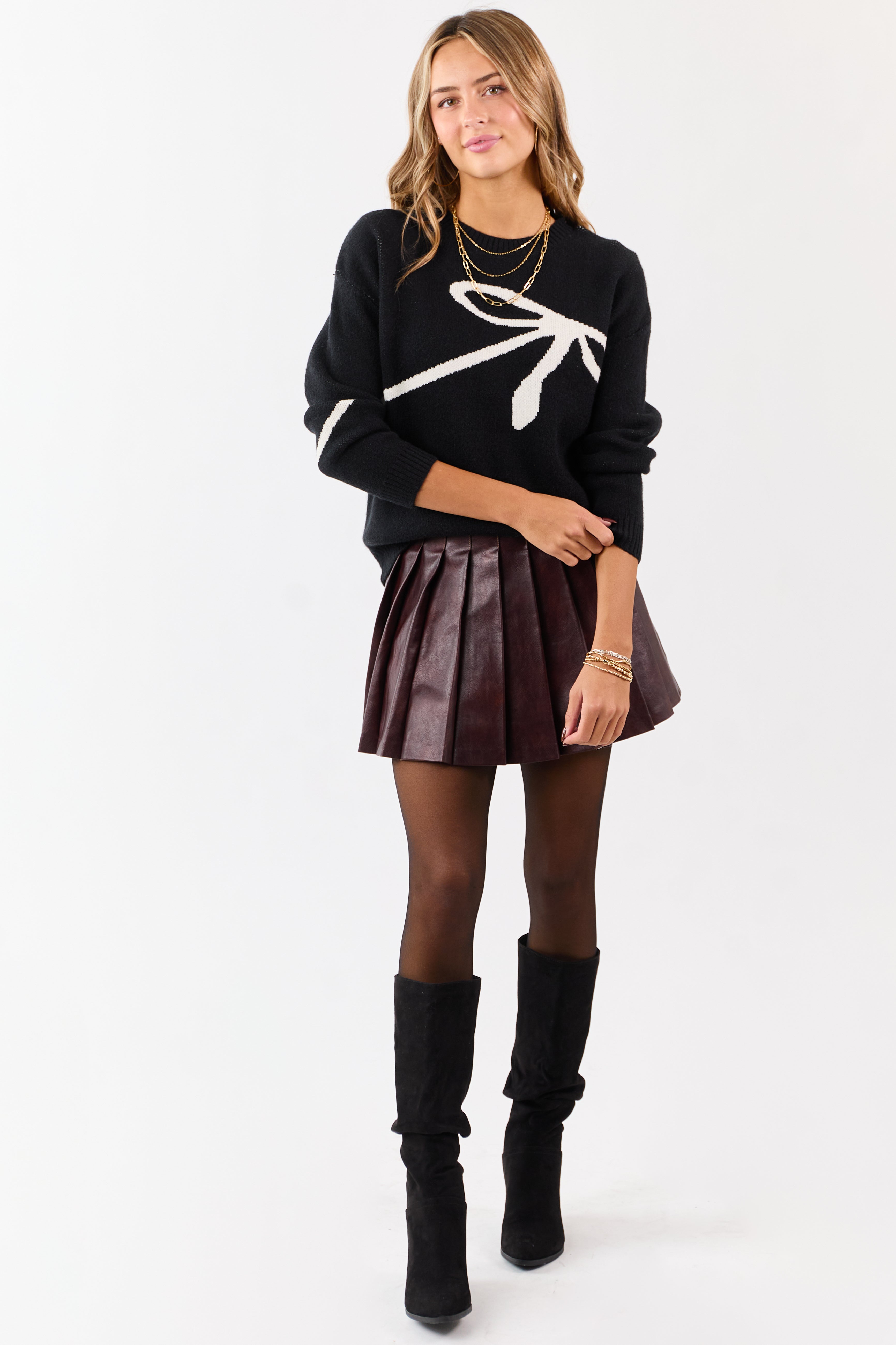 Black and Ivory Bow Graphic Relaxed Knit Sweater