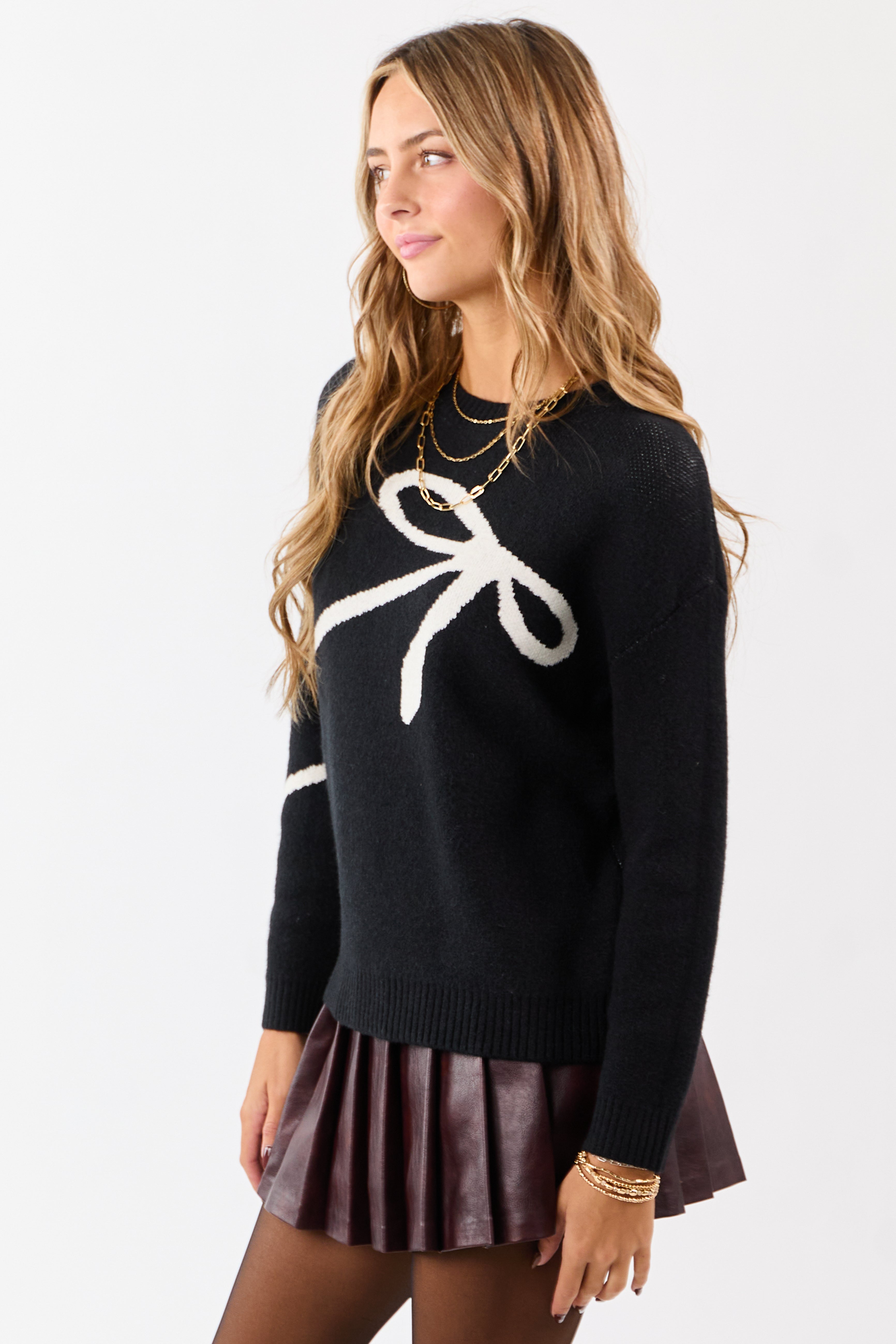 Black and Ivory Bow Graphic Relaxed Knit Sweater