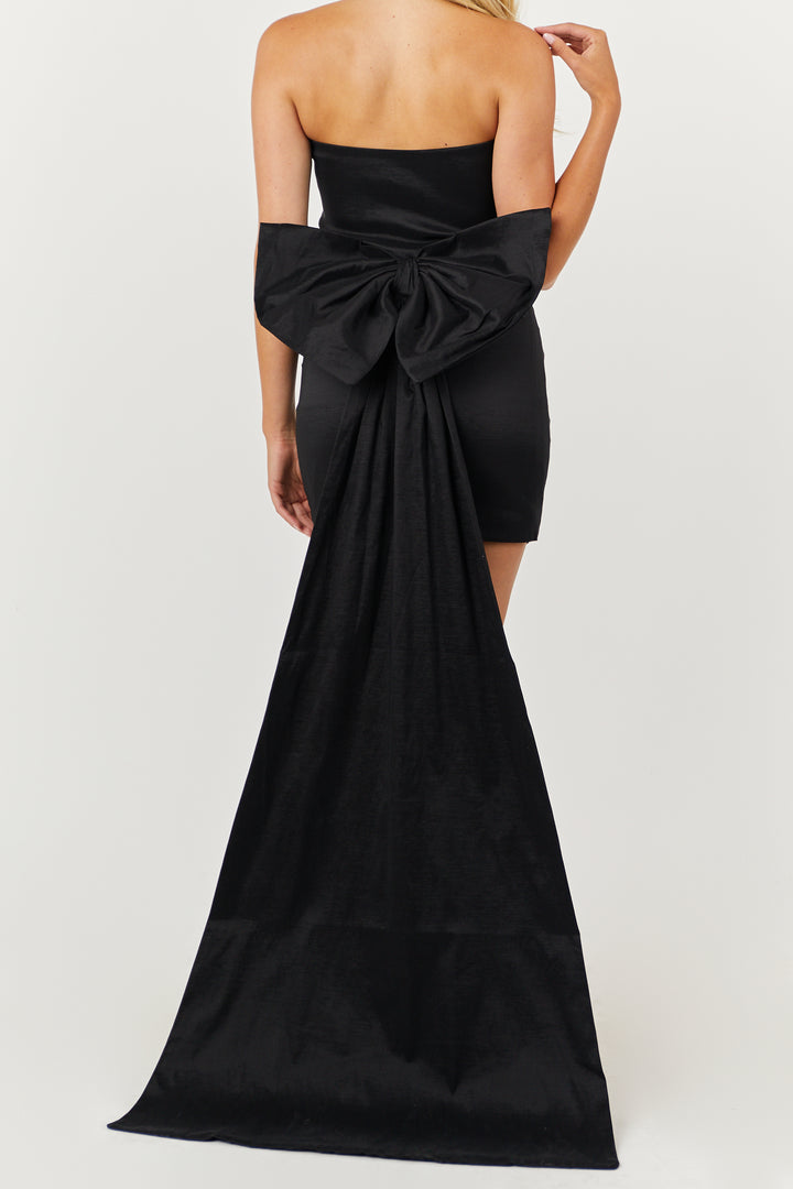 Black Bow Train Strapless Bodycon Mini Dress