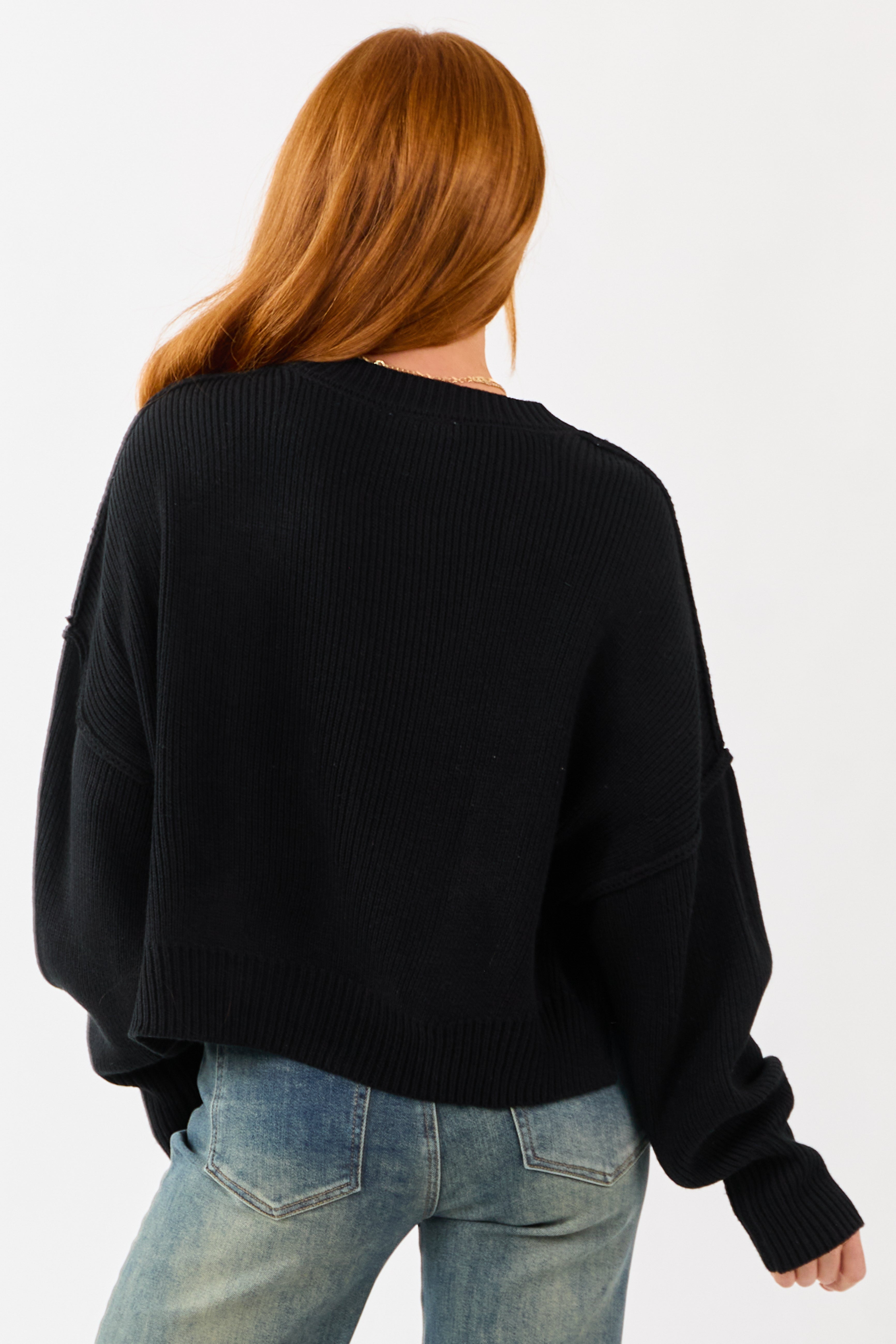 Black Boxy Drop Shoulder Crop Rib Knit Sweater