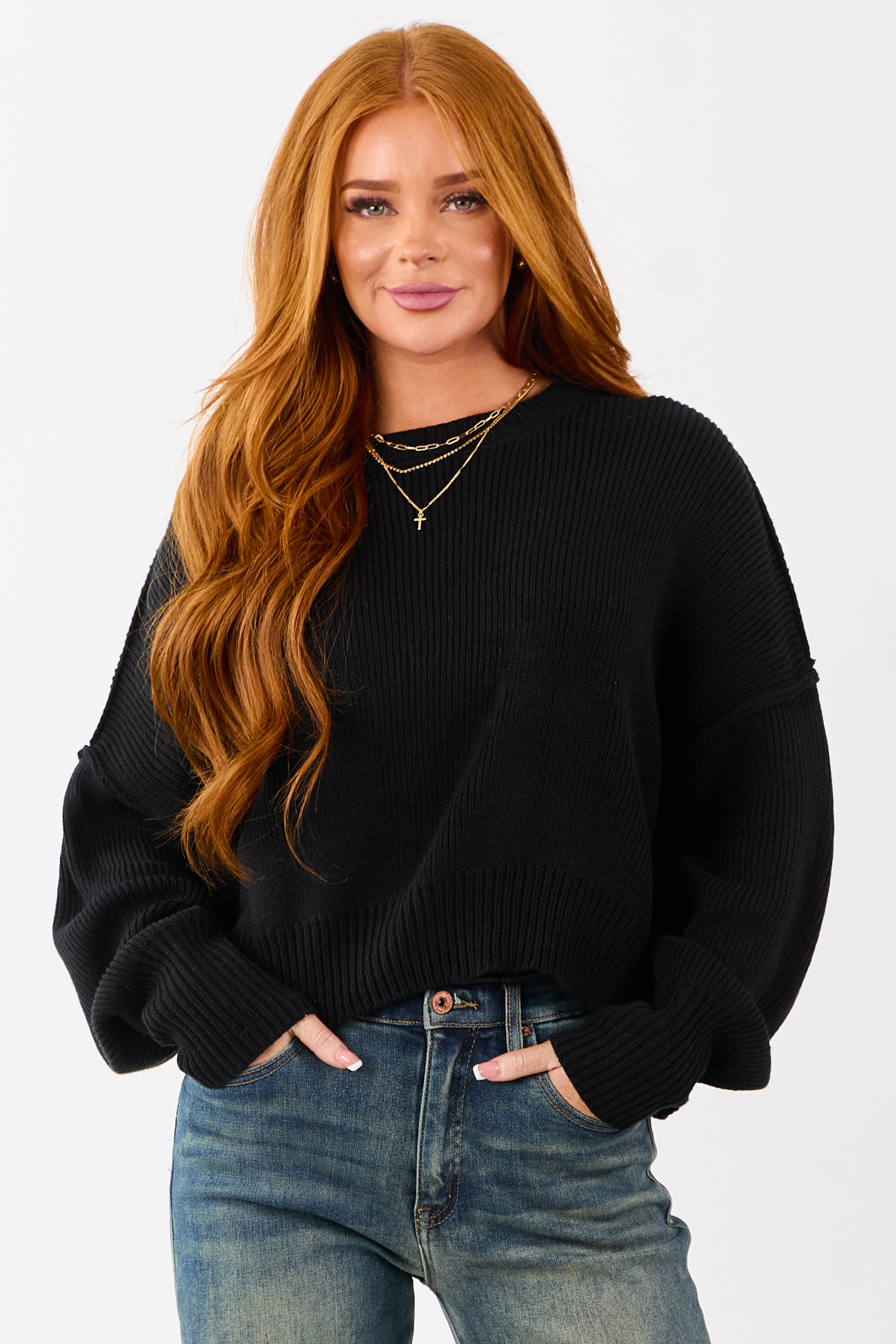 Black Boxy Drop Shoulder Crop Rib Knit Sweater