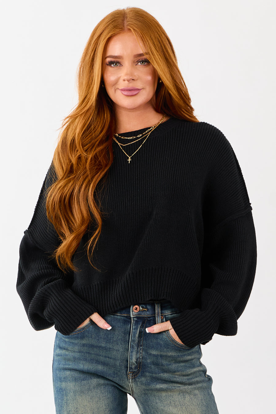 Black Boxy Drop Shoulder Crop Rib Knit Sweater