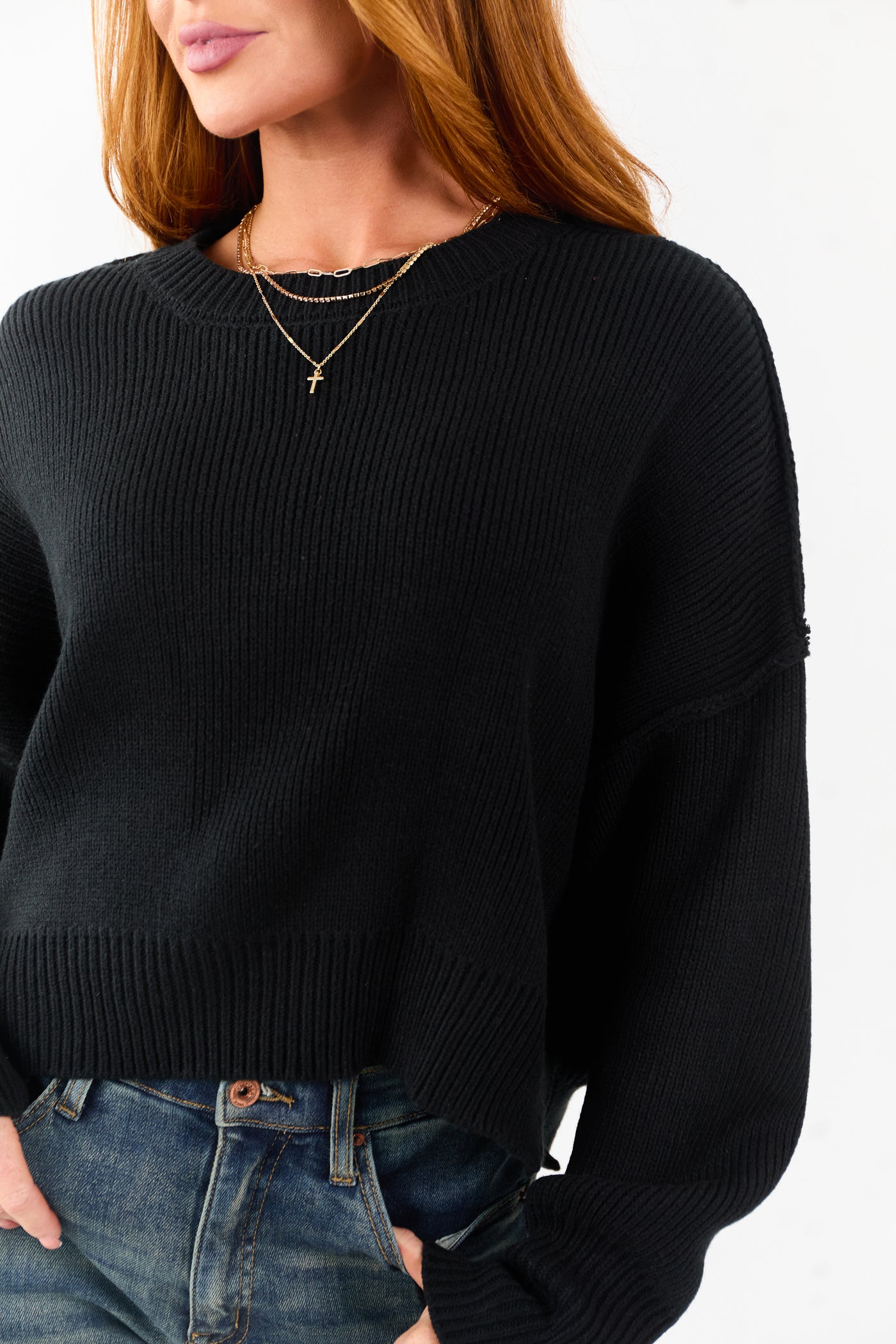 Black Boxy Drop Shoulder Crop Rib Knit Sweater