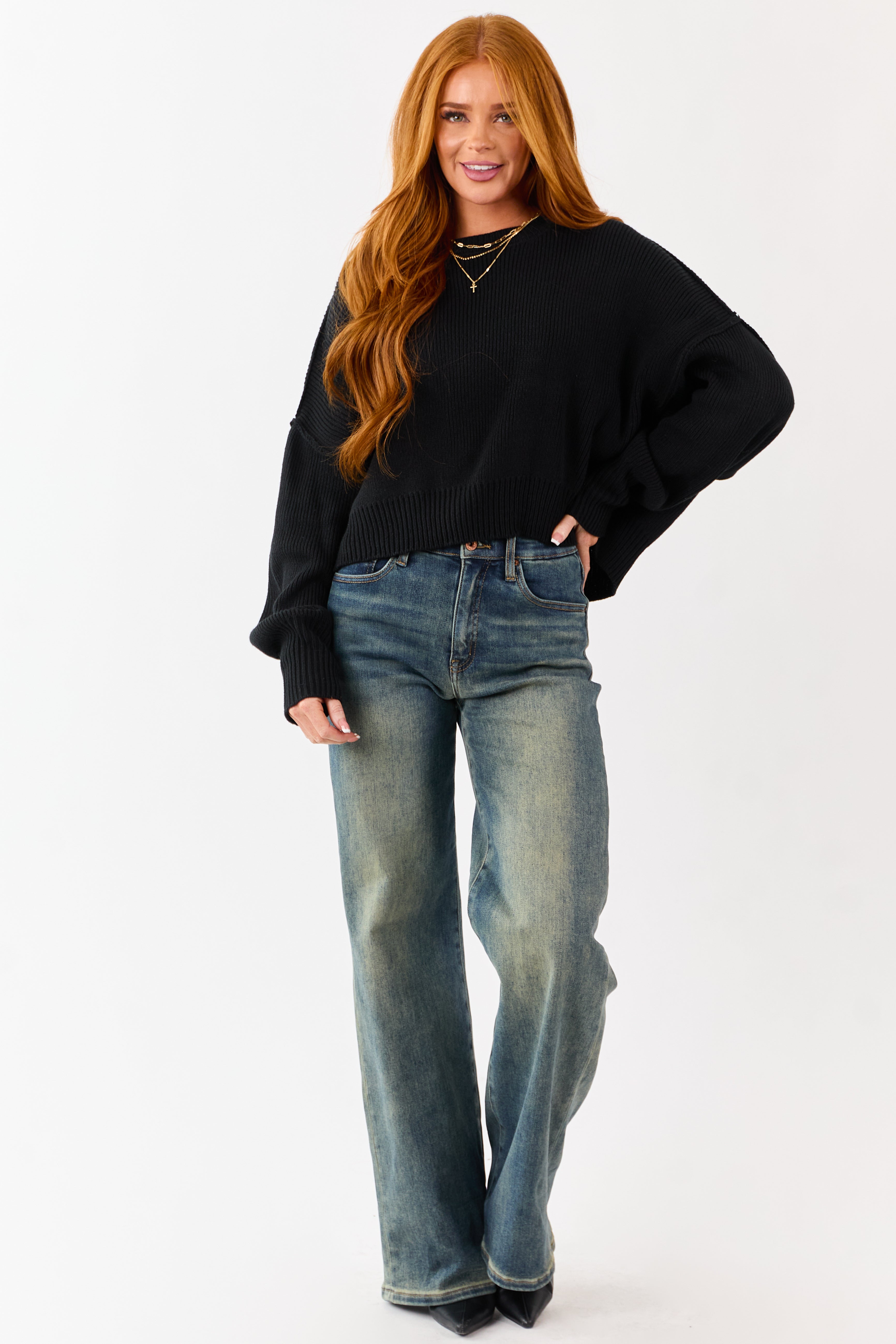 Black Boxy Drop Shoulder Crop Rib Knit Sweater | Lime Lush Boutique