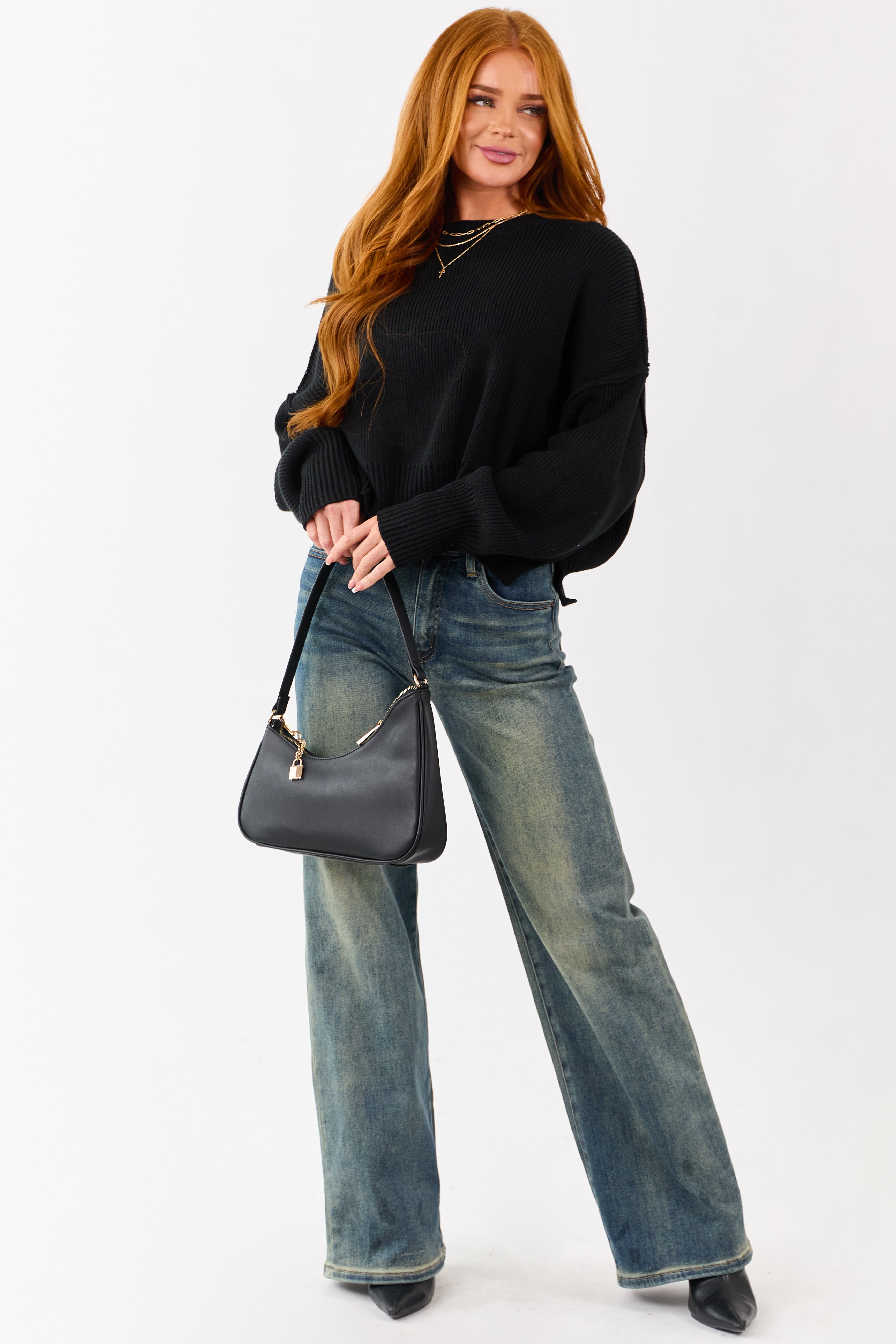 Black Boxy Drop Shoulder Crop Rib Knit Sweater