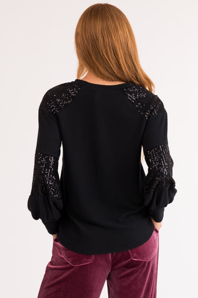 Black Brushed Knit Top with Sequin Details