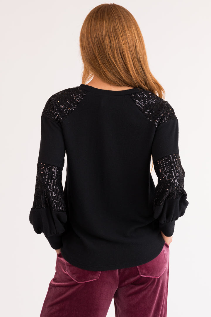 Black Brushed Knit Top with Sequin Details