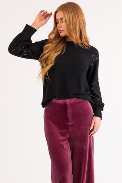 Black Brushed Knit Top with Sequin Details