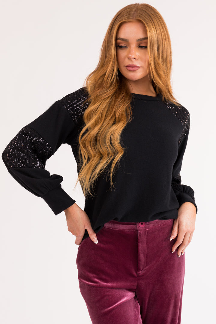 Black Brushed Knit Top with Sequin Details