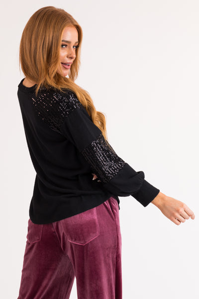 Black Brushed Knit Top with Sequin Details