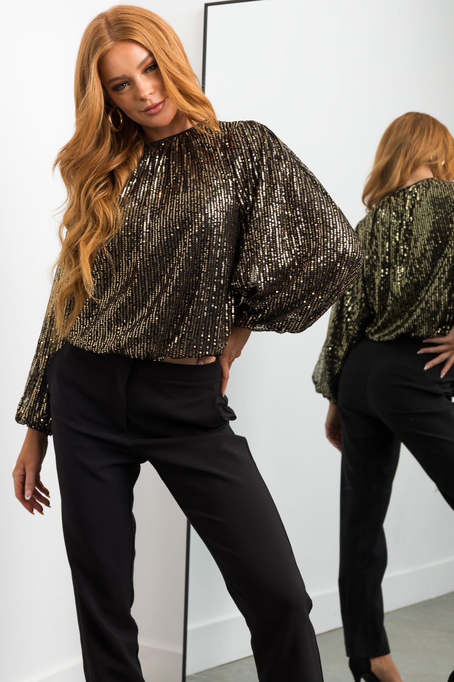 Black Bubble Long Sleeve Gold Sequin Top