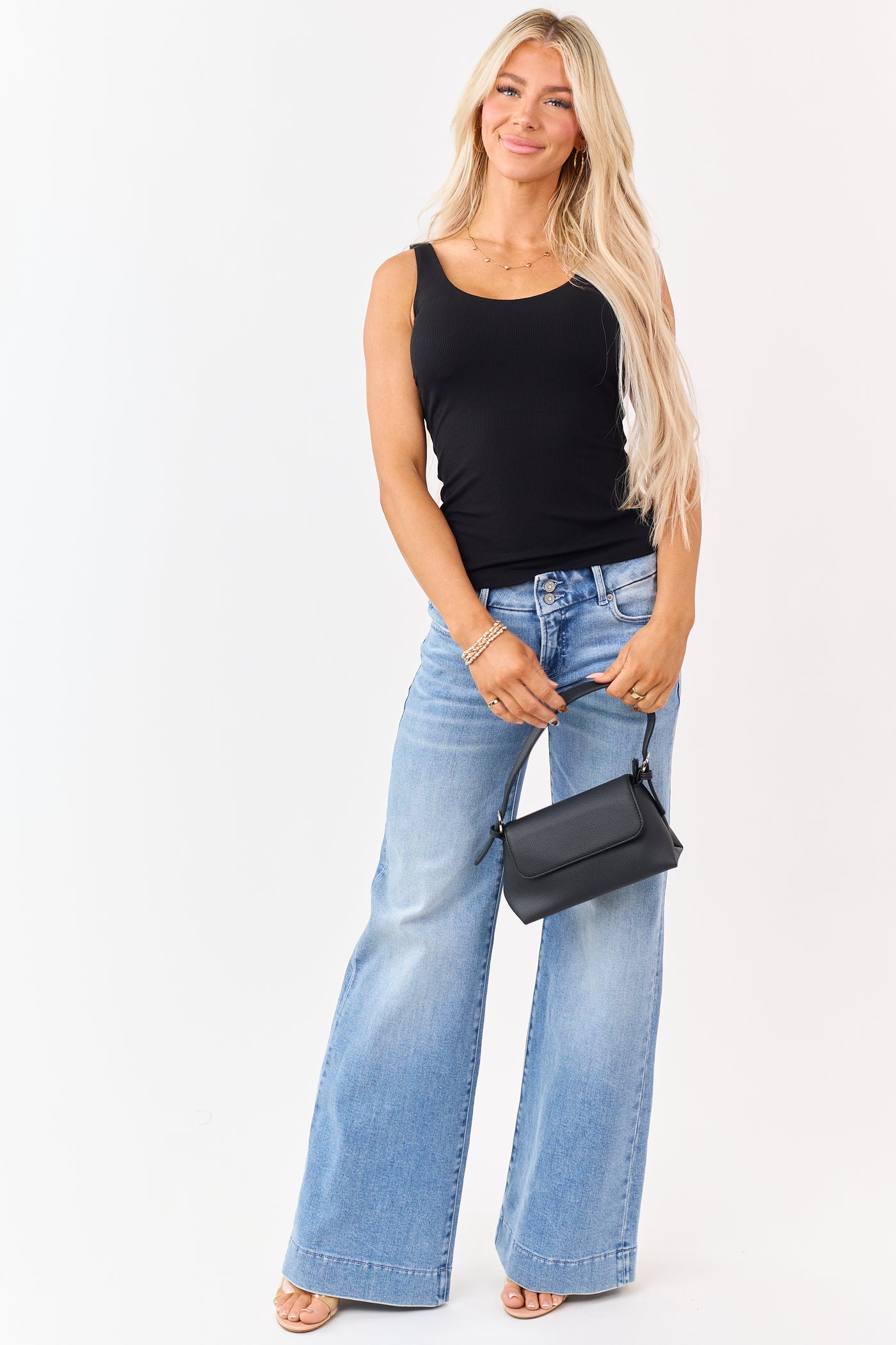Black Built In Bra Rib Knit Tank Top