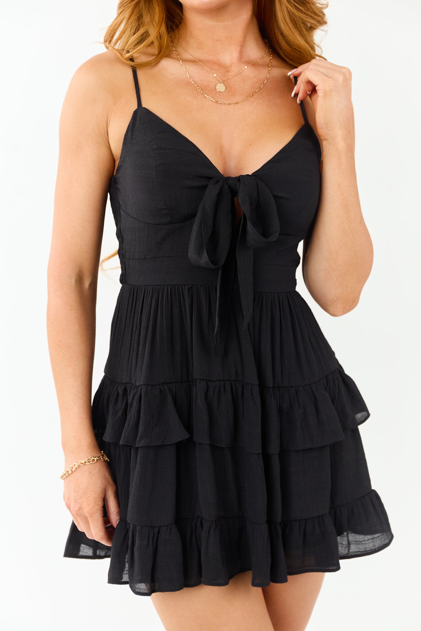 Black Bust Tie Sleeveless Tiered Ruffle Mini Dress