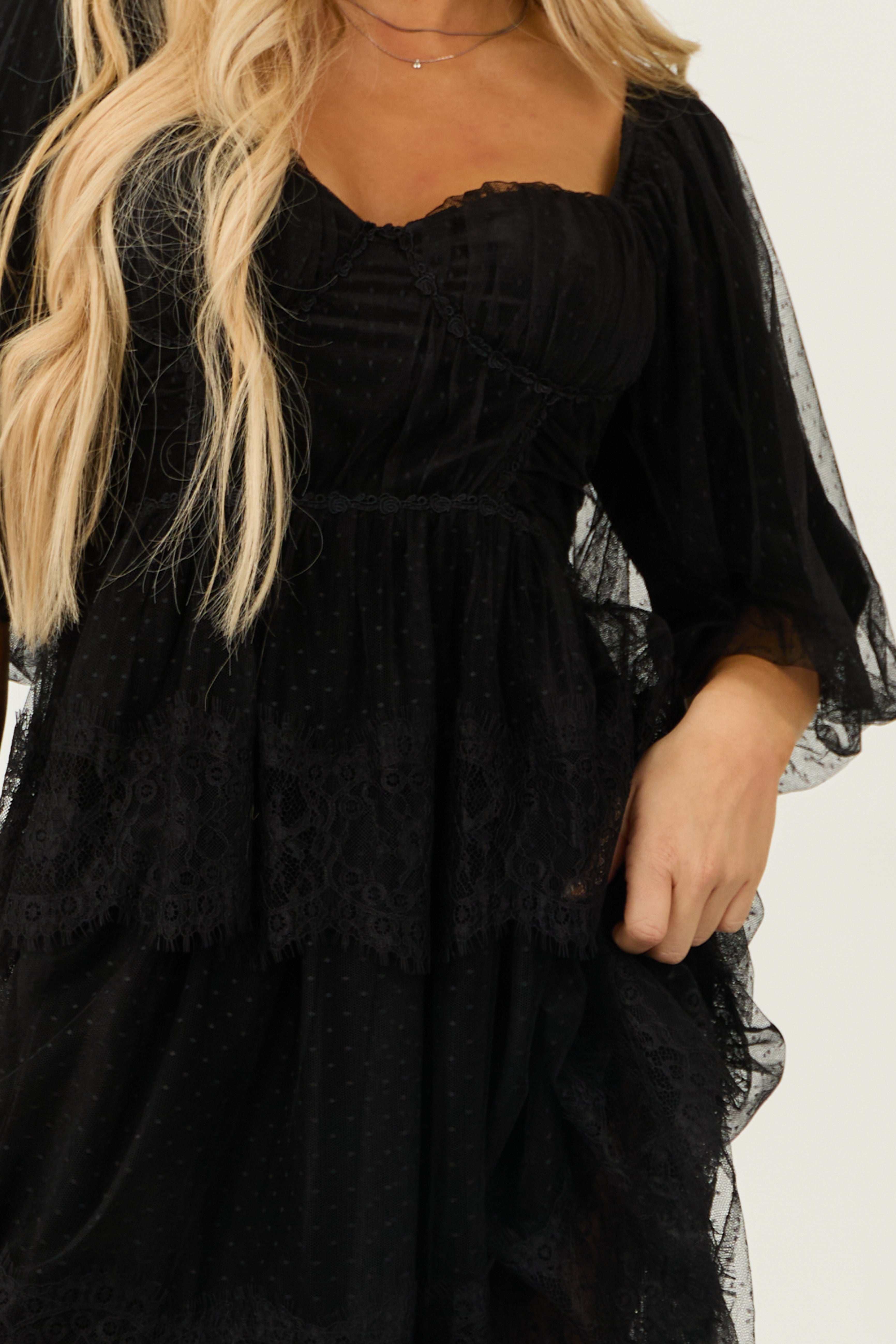 Black Bustier Mesh Lace Tiered Midi Dress