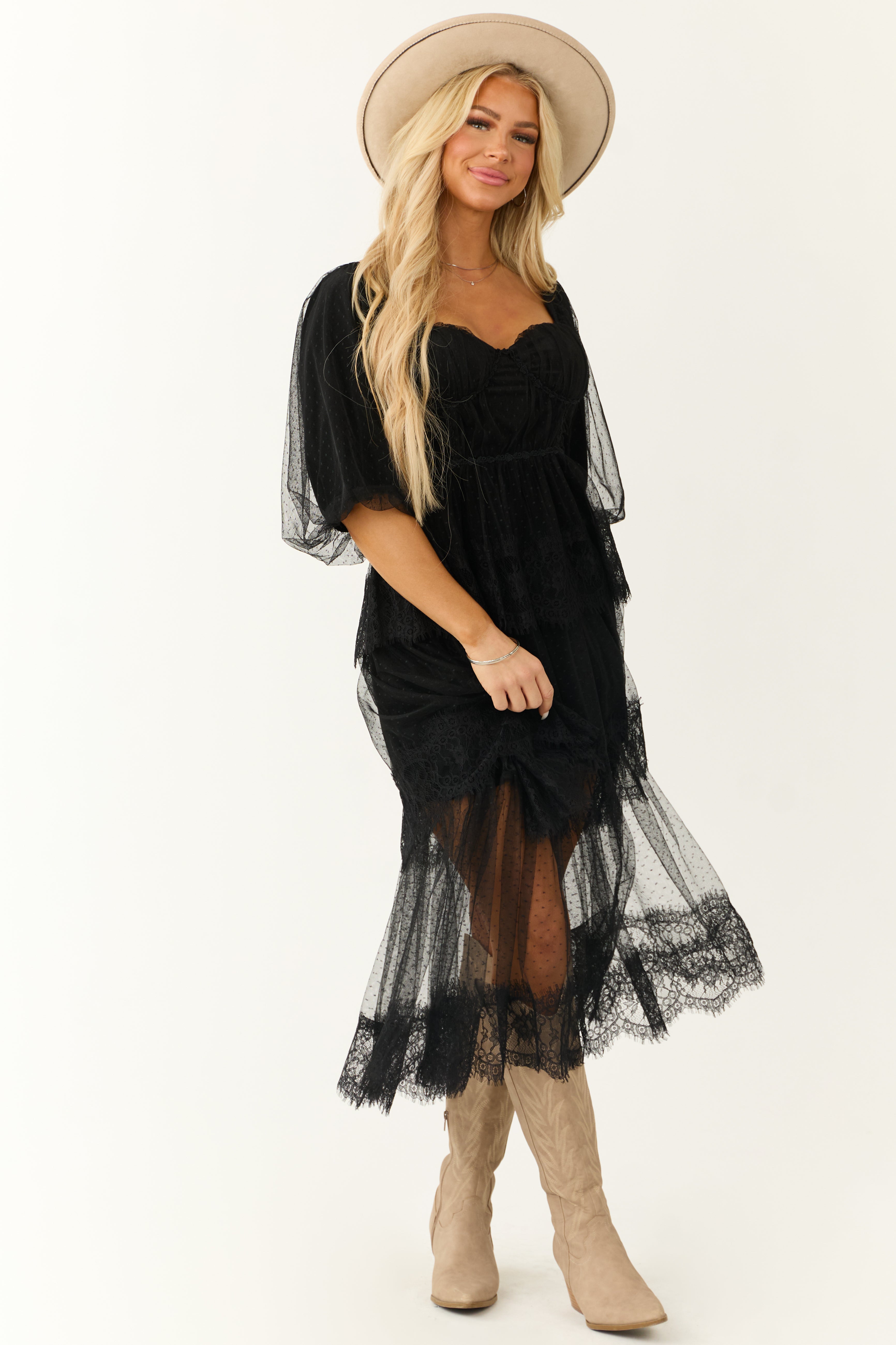 Black Bustier Mesh Lace Tiered Midi Dress