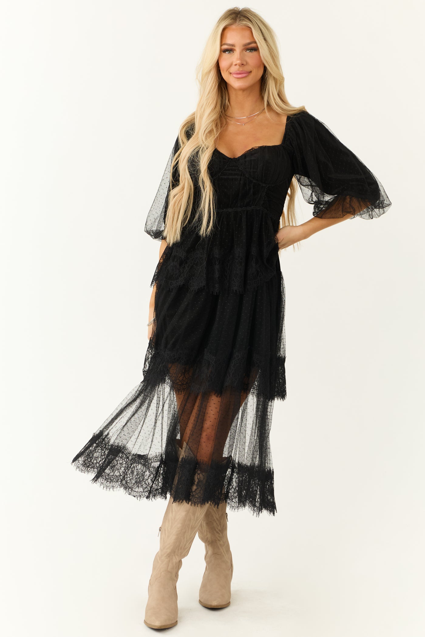 Black Bustier Mesh Lace Tiered Midi Dress Black Bustier Mesh Lace Tiered Midi Dress