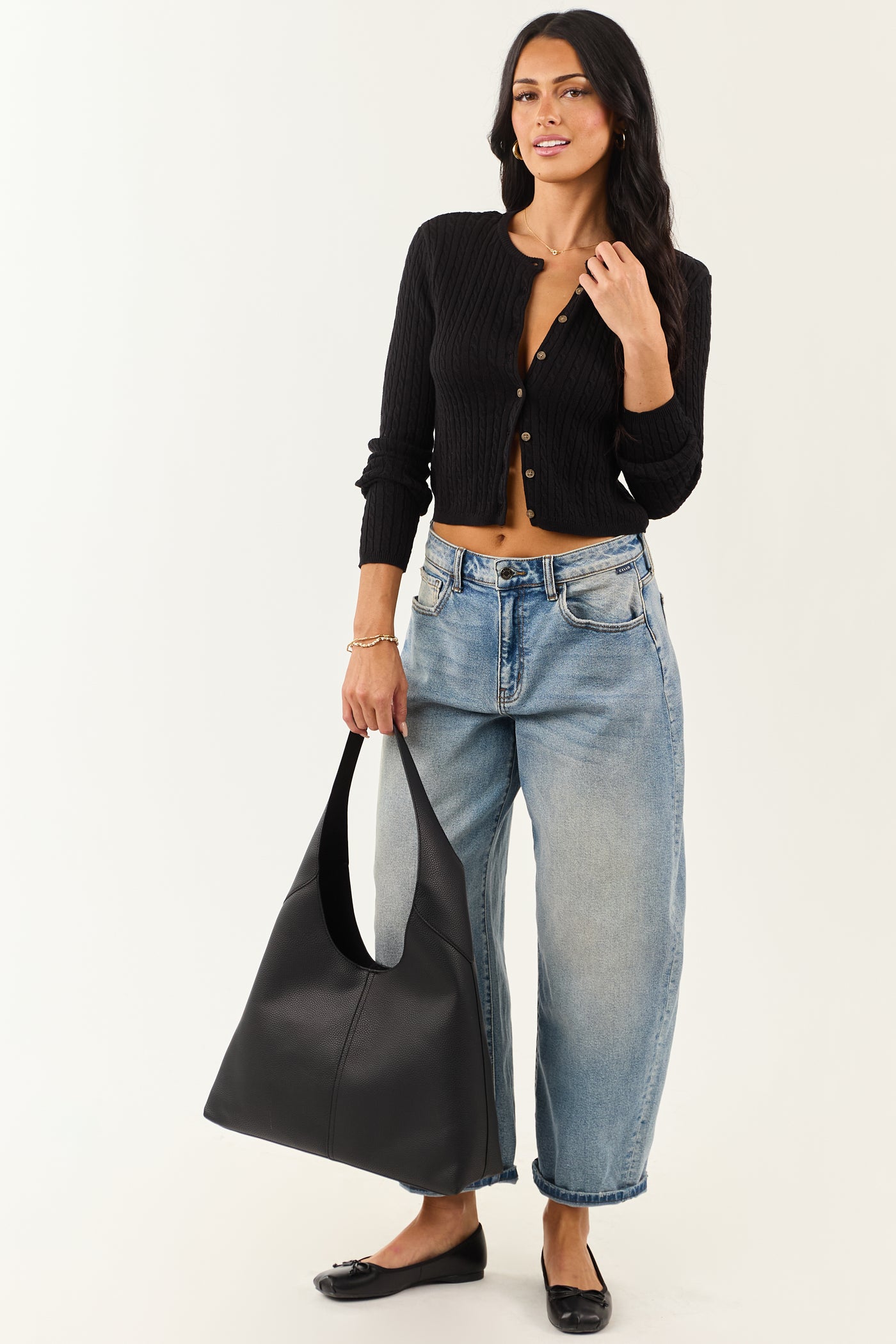 Black Button Down Cable Knit Cardigan
