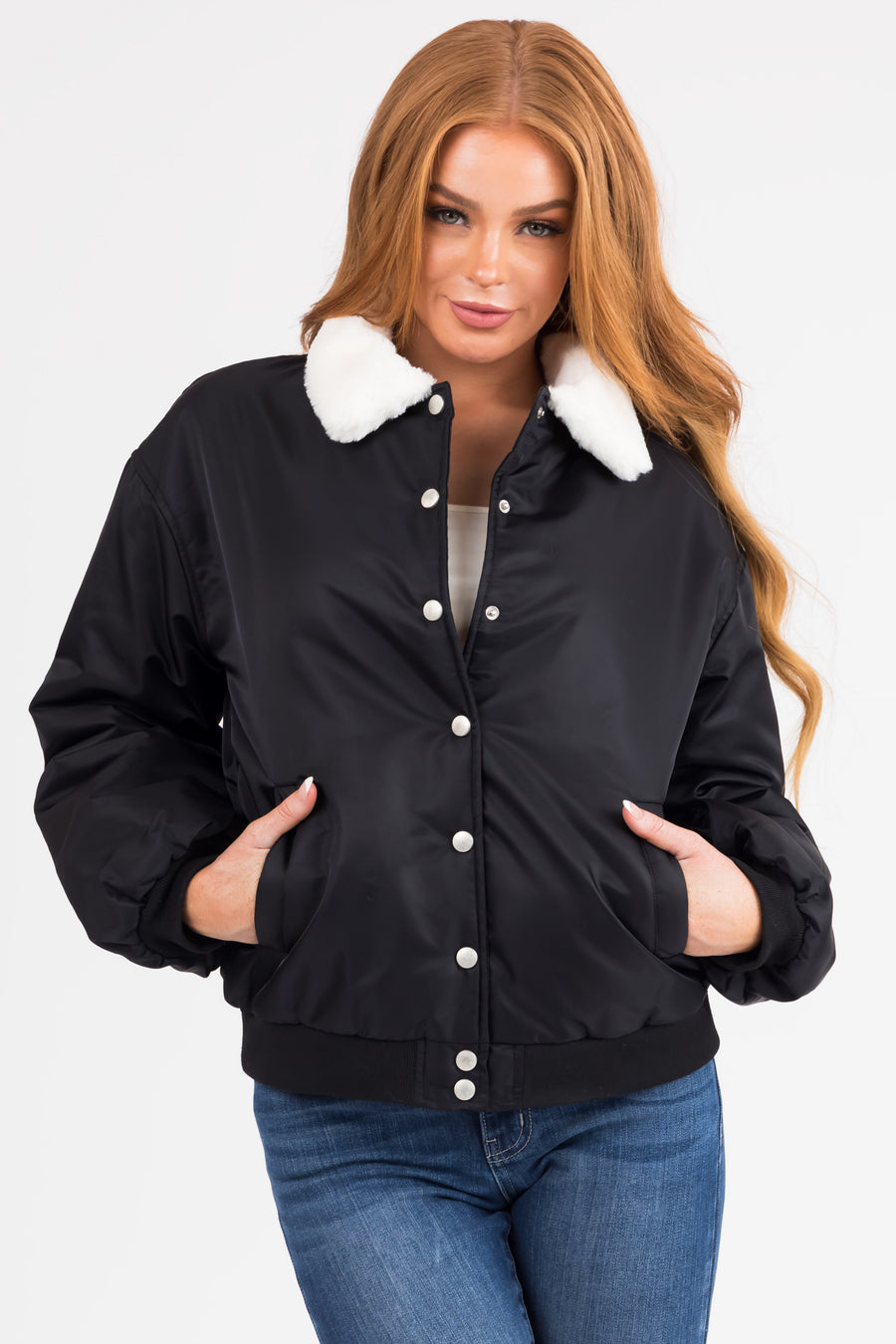 Black Button Down Faux Fur Collar Bomber Jacket