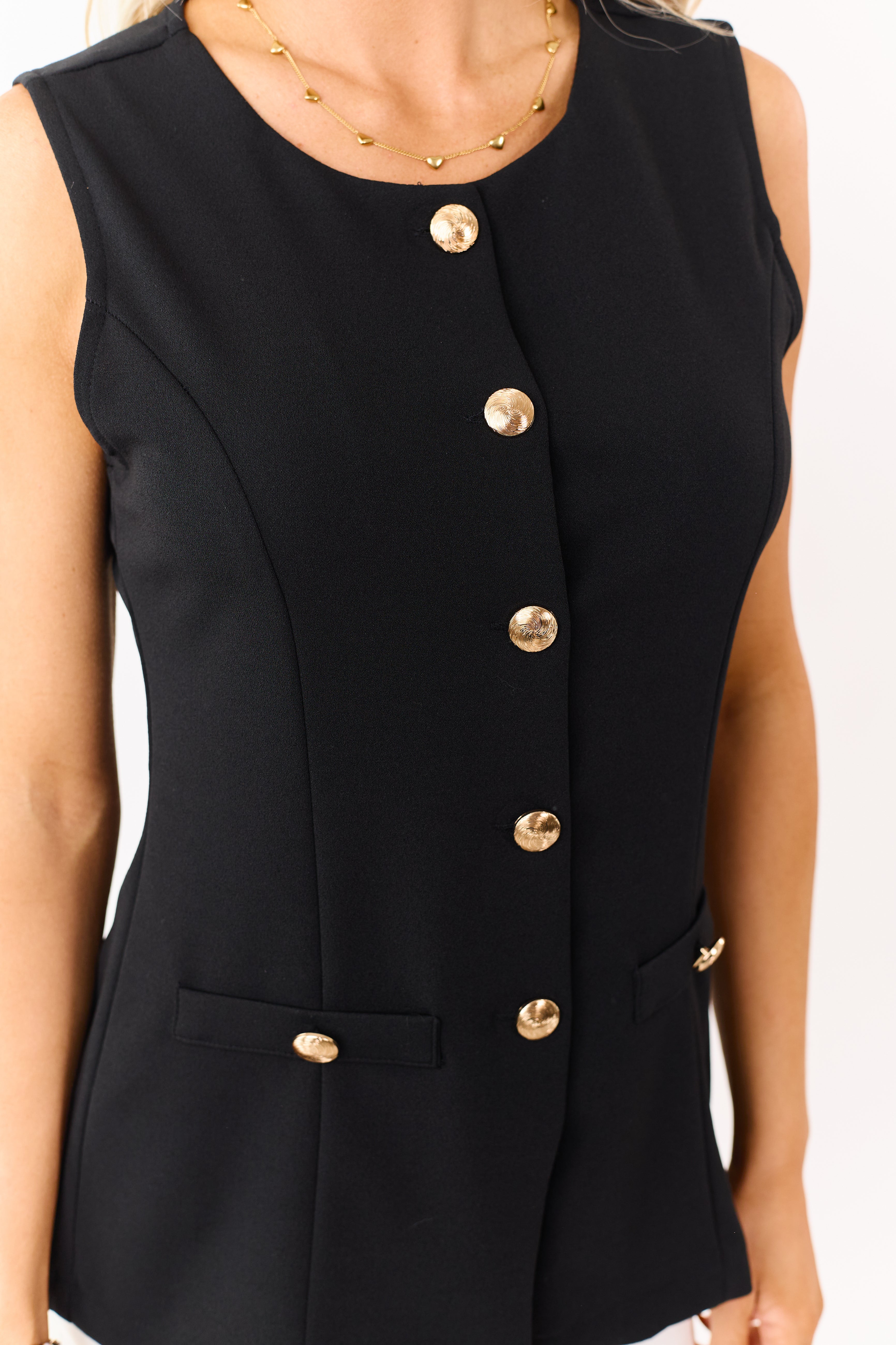 Black Button Down Knit Tunic Vest Top