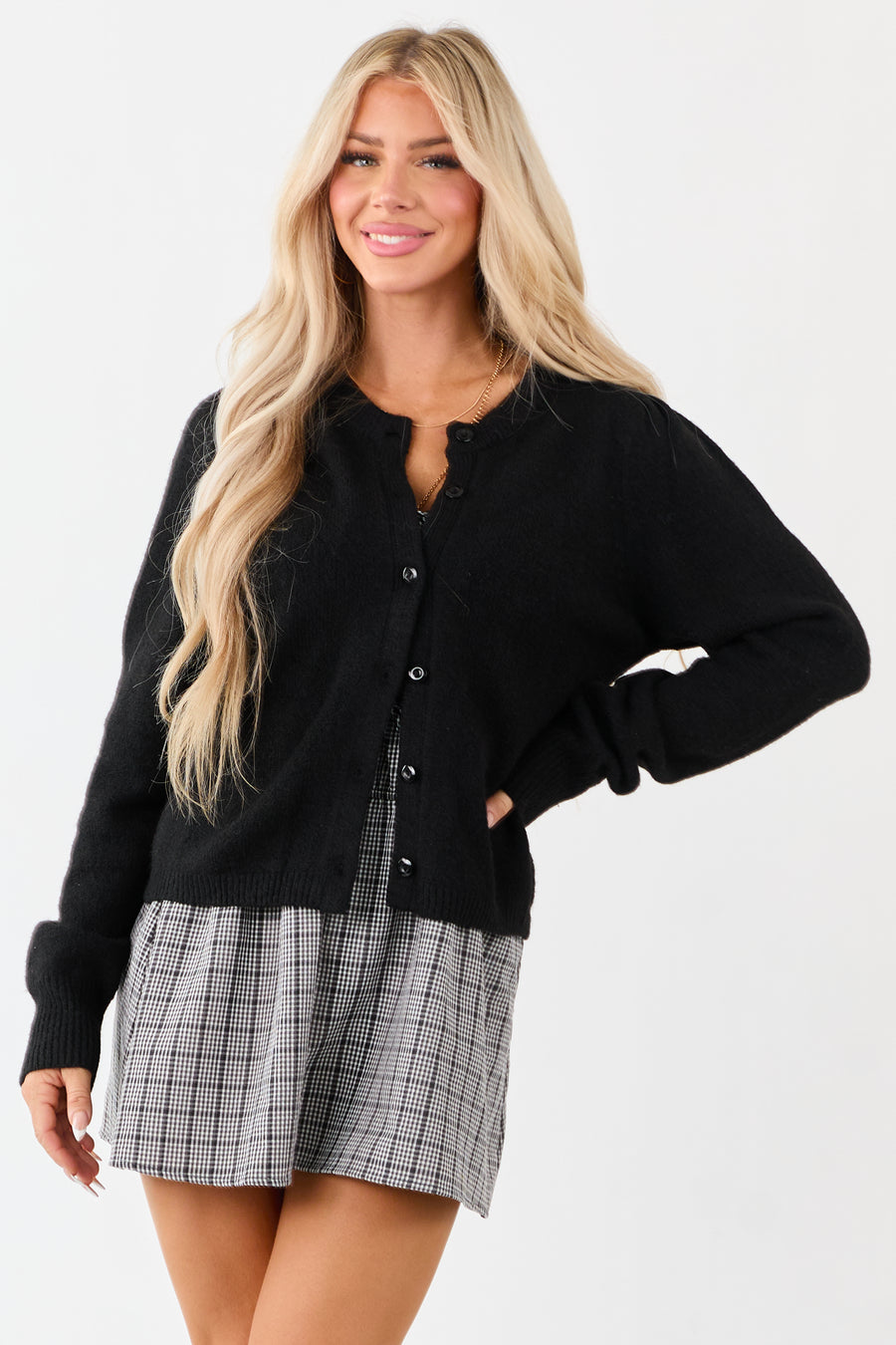 Black Button Down Long Sleeve Wool Blend Cardigan