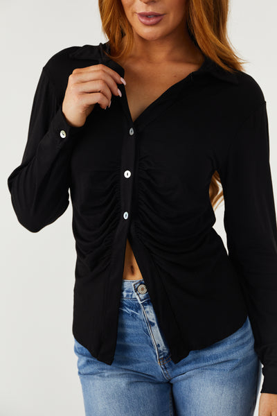 Black Button Down Ruched Front Long Sleeve Top