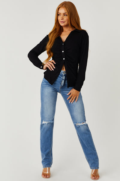 Black Button Down Ruched Front Long Sleeve Top