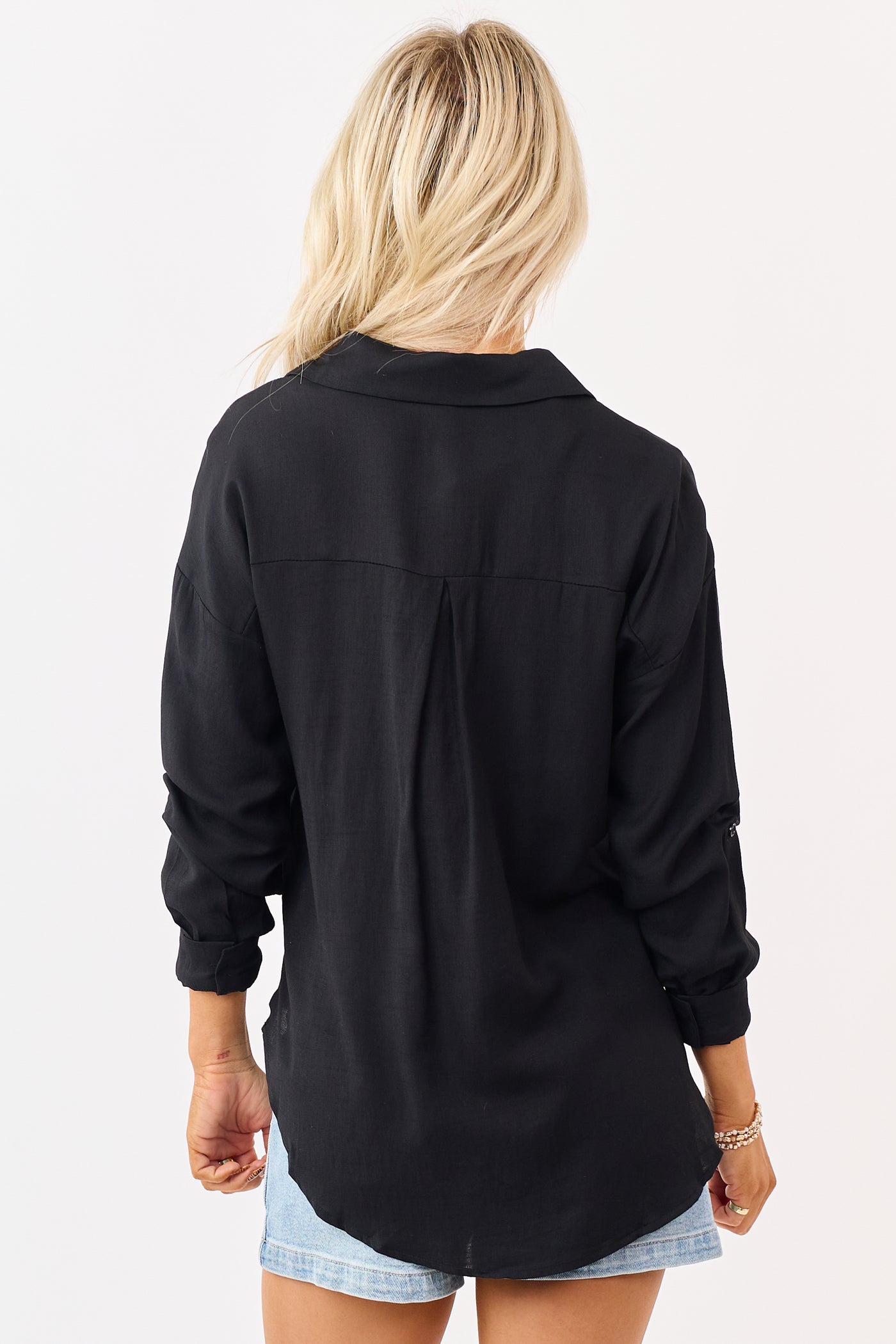 Black Button Down Side Slit Long Sleeve Top