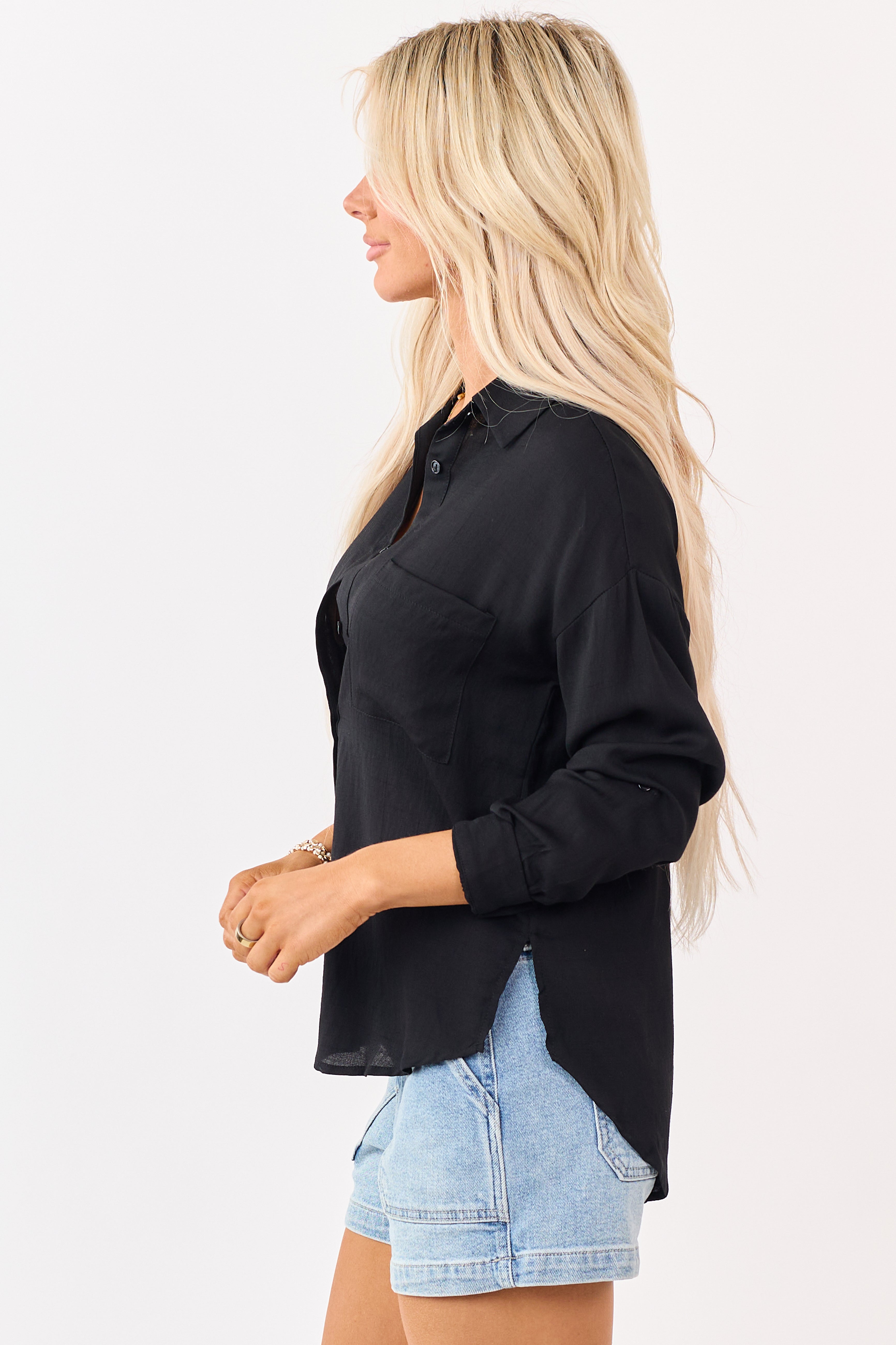 Black Button Down Side Slit Long Sleeve Top