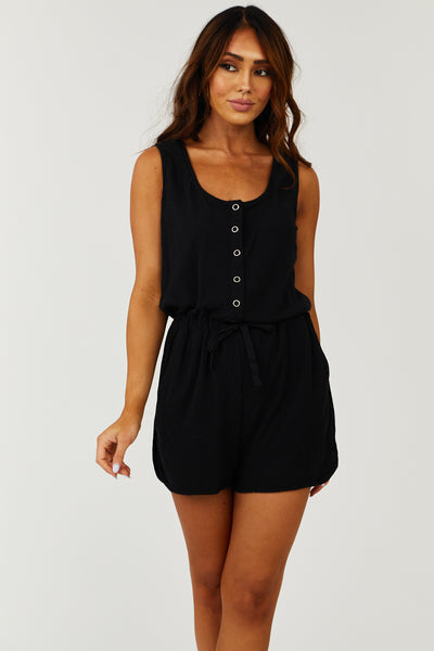 Black Button Down Sleeveless Romper