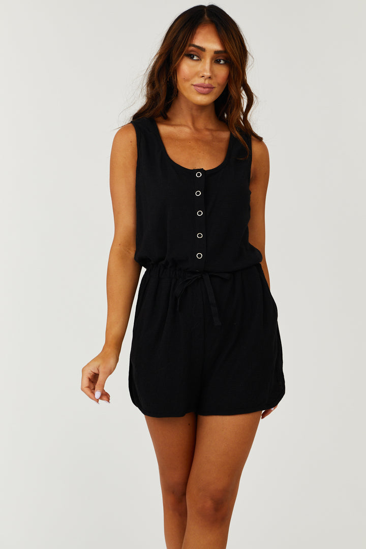 Black Button Down Sleeveless Romper
