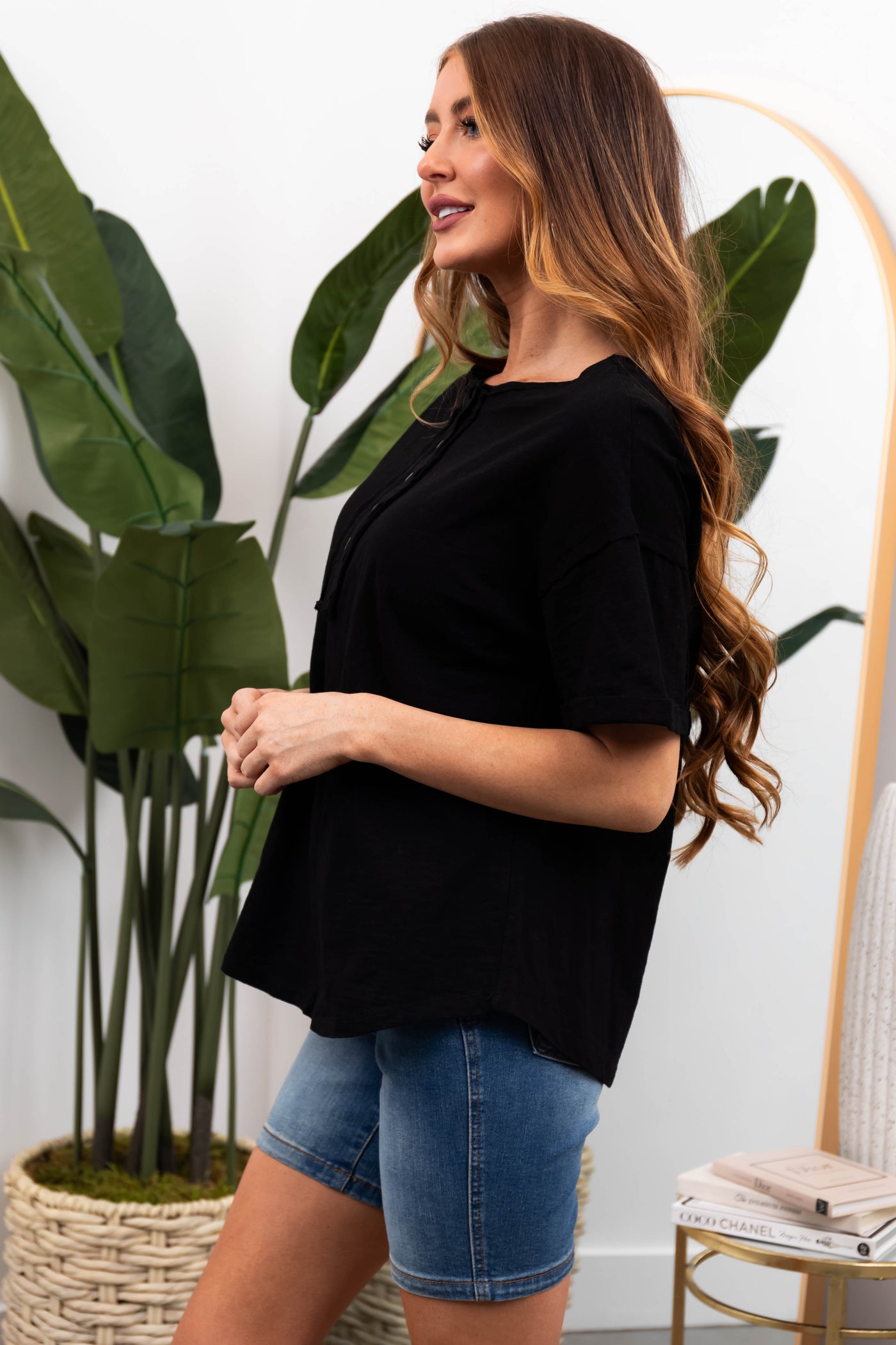 Black Button Front Oversized Knit Top