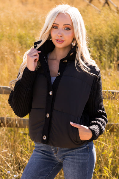 Black Button Up Long Sleeve Sweater Jacket