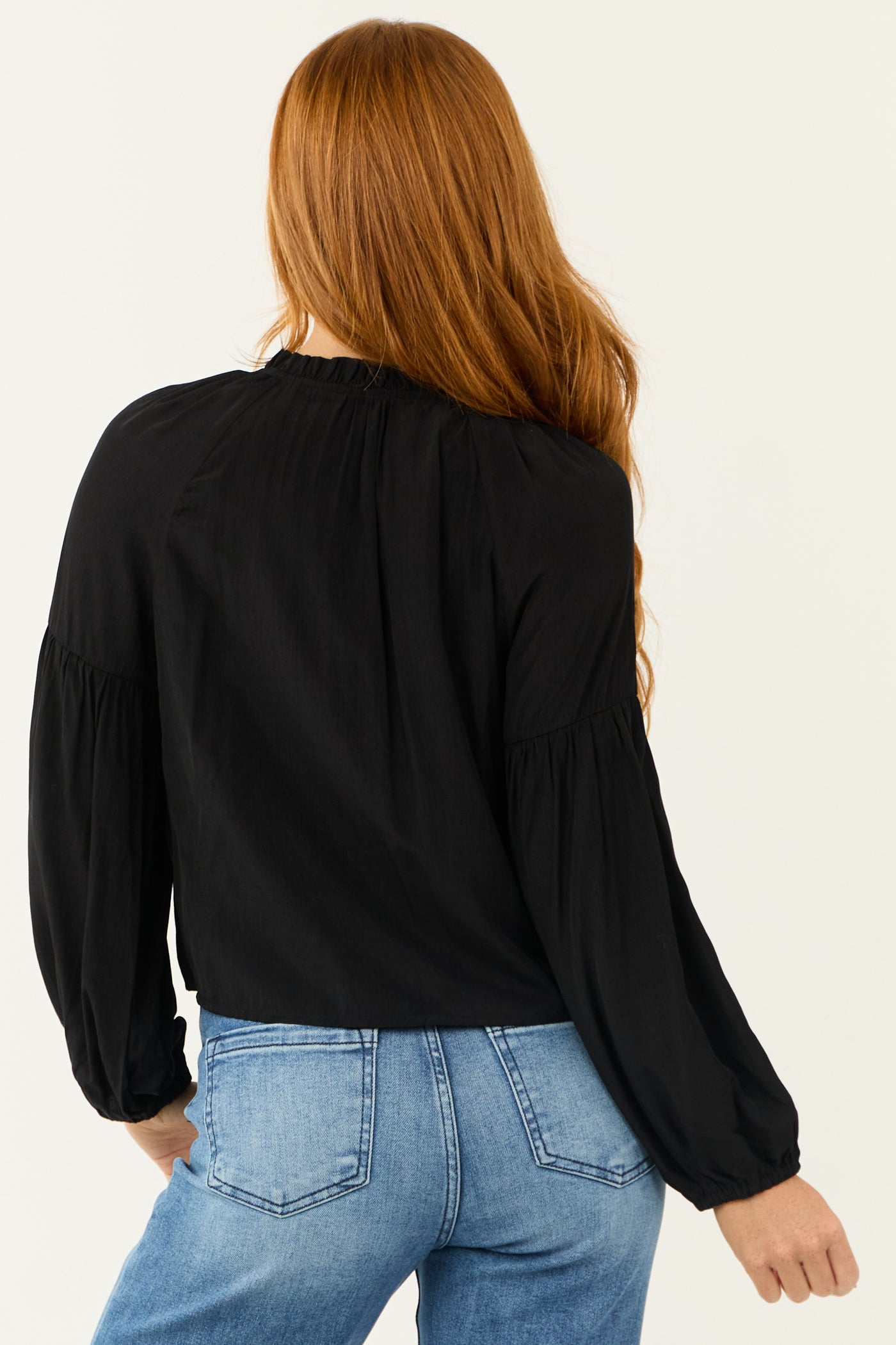 Black Button Up Smocked Yoke Long Sleeve Top