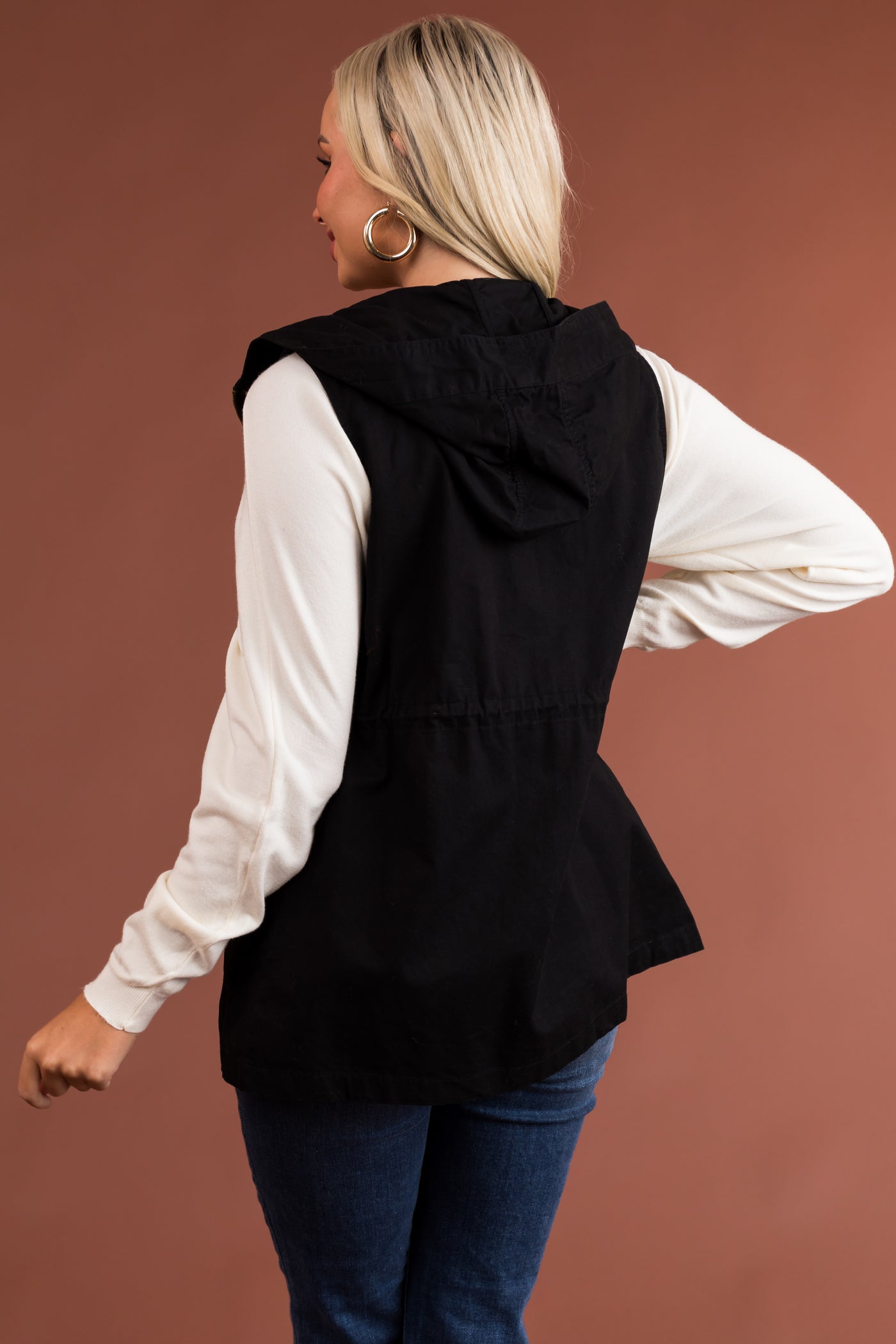Black Buttoned Hooded Drawstring Waist Vest