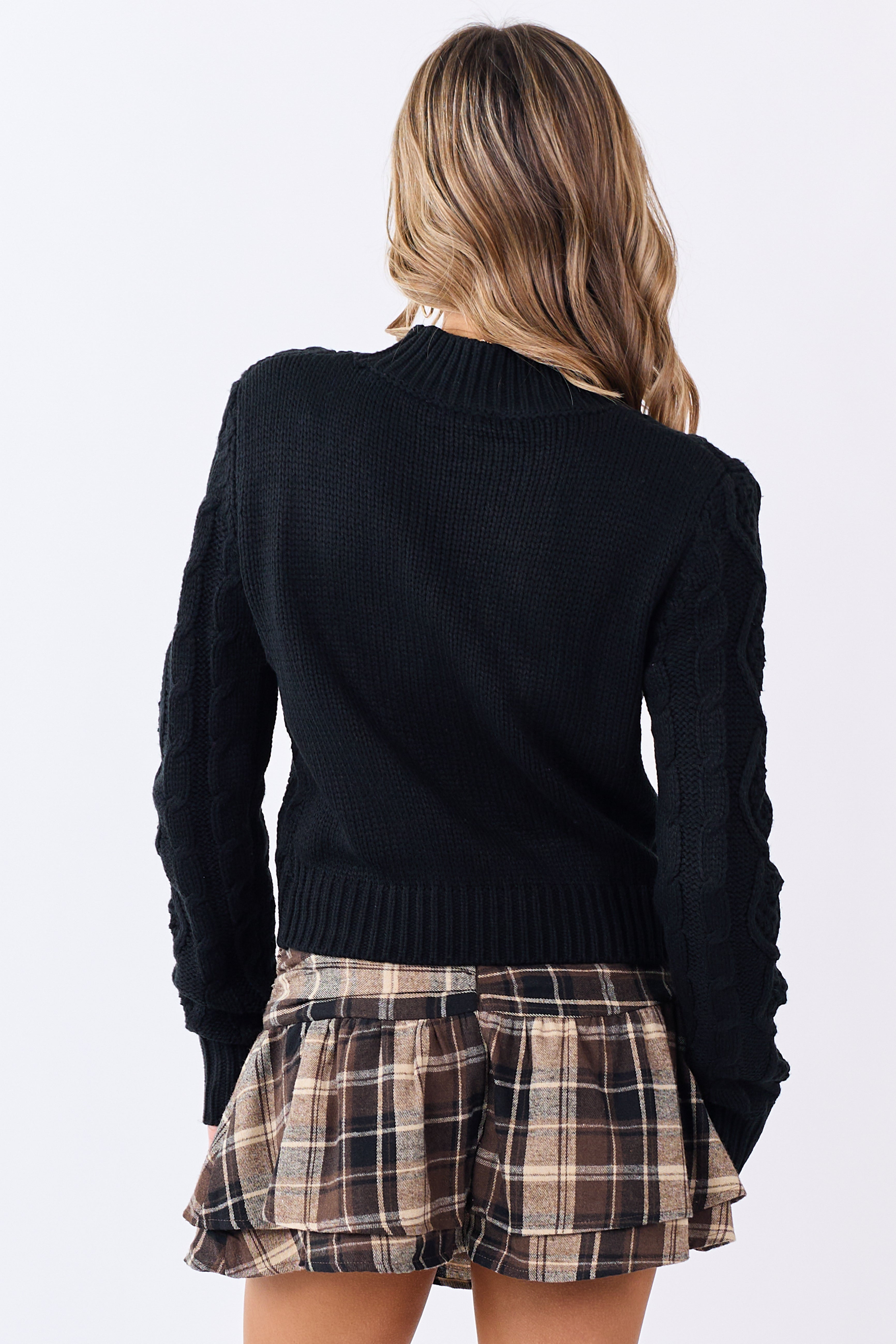 Black Cable Knit Cropped Mock Neck Sweater | Lime Lush Boutique