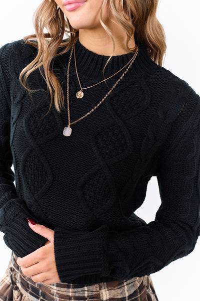 Black Cable Knit Cropped Mock Neck Sweater