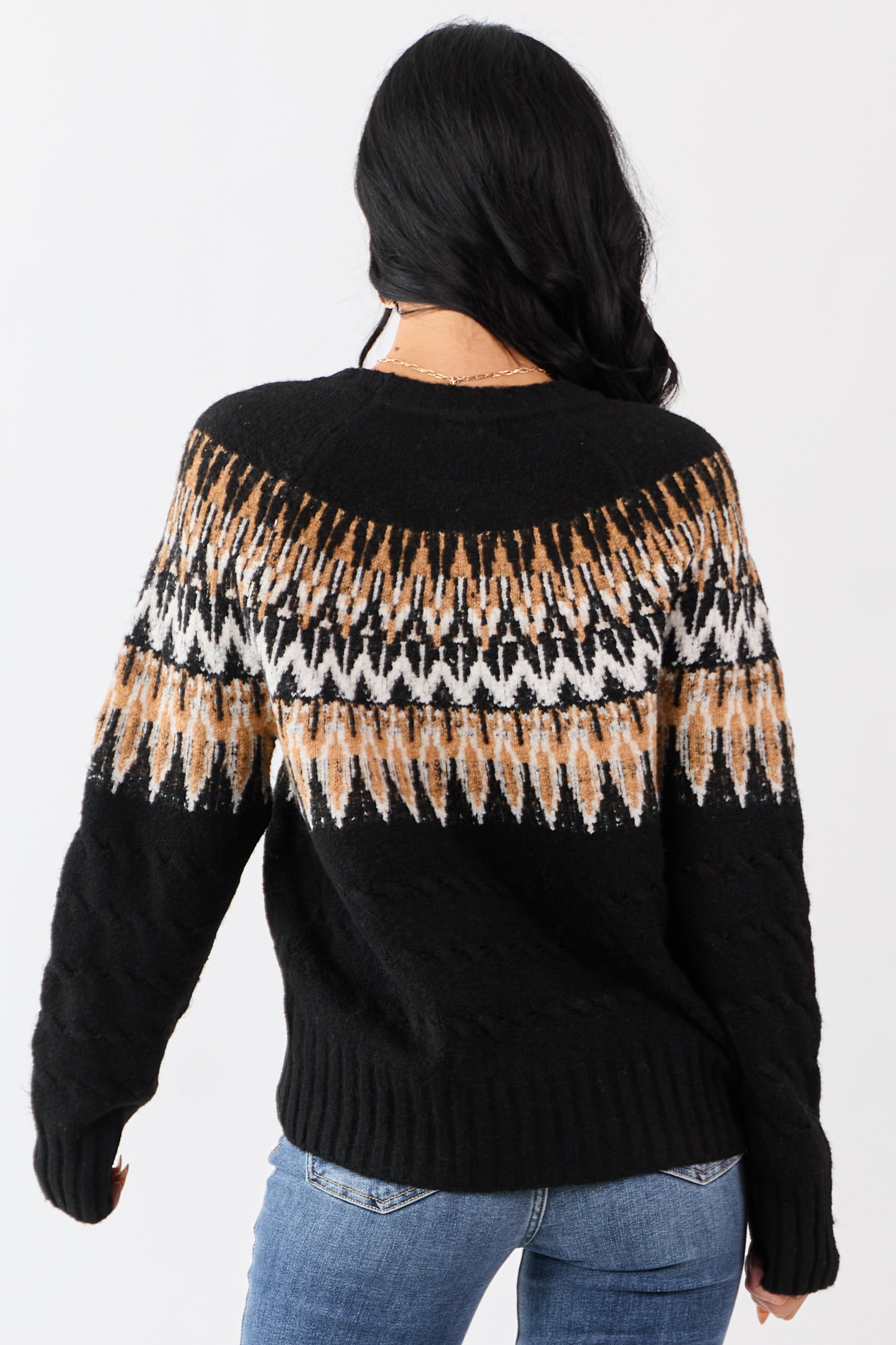 Black Cable Knit Fair Isle Pattern Relaxed Sweater