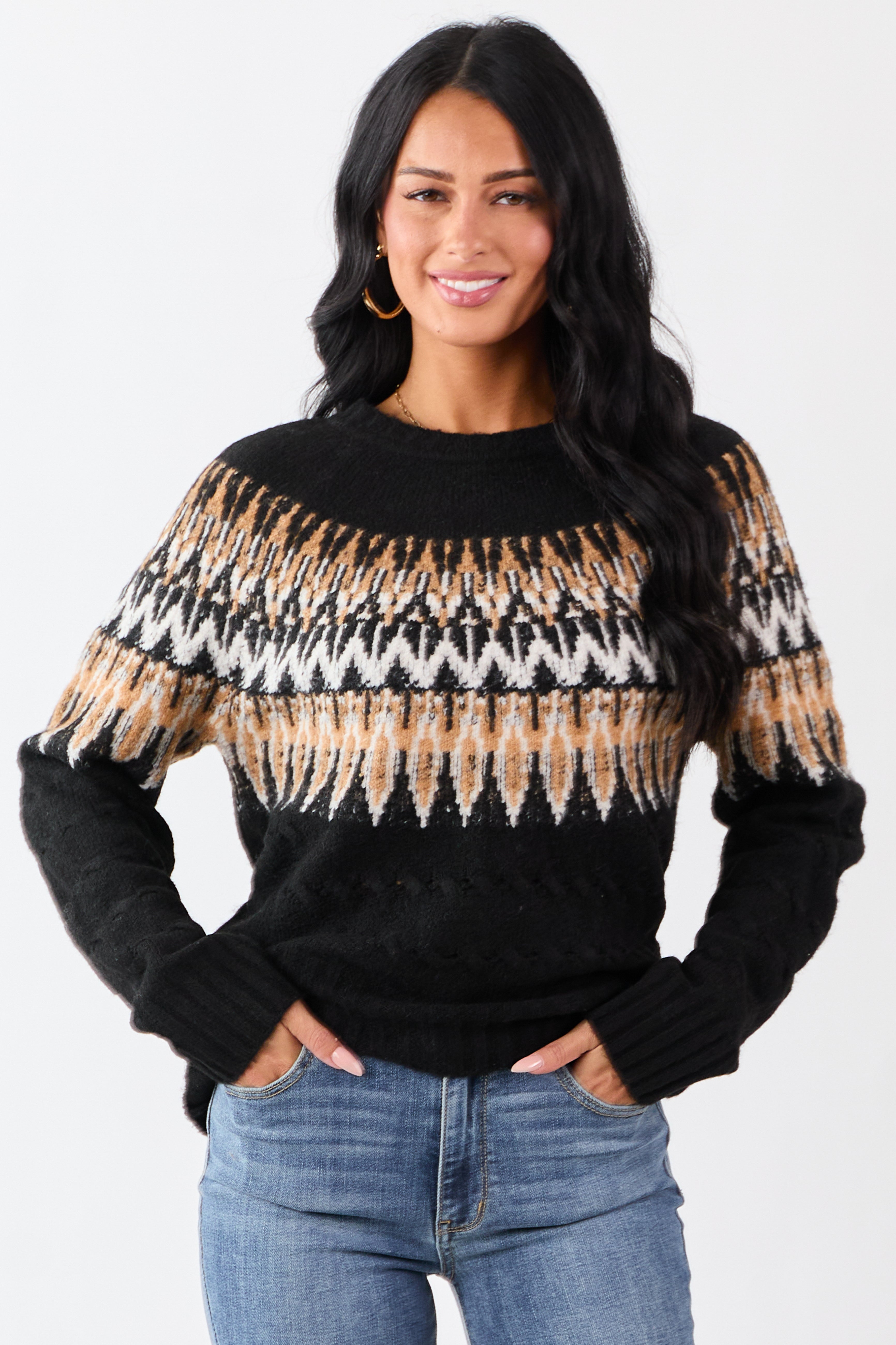 Black Cable Knit Fair Isle Pattern Relaxed Sweater