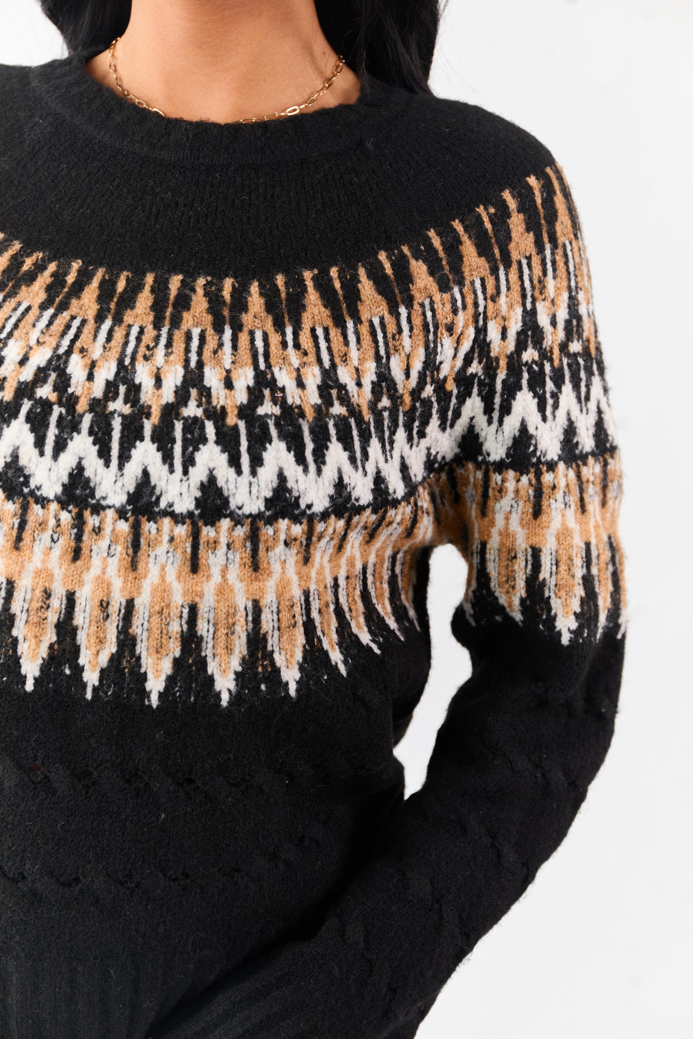 Black Cable Knit Fair Isle Pattern Relaxed Sweater