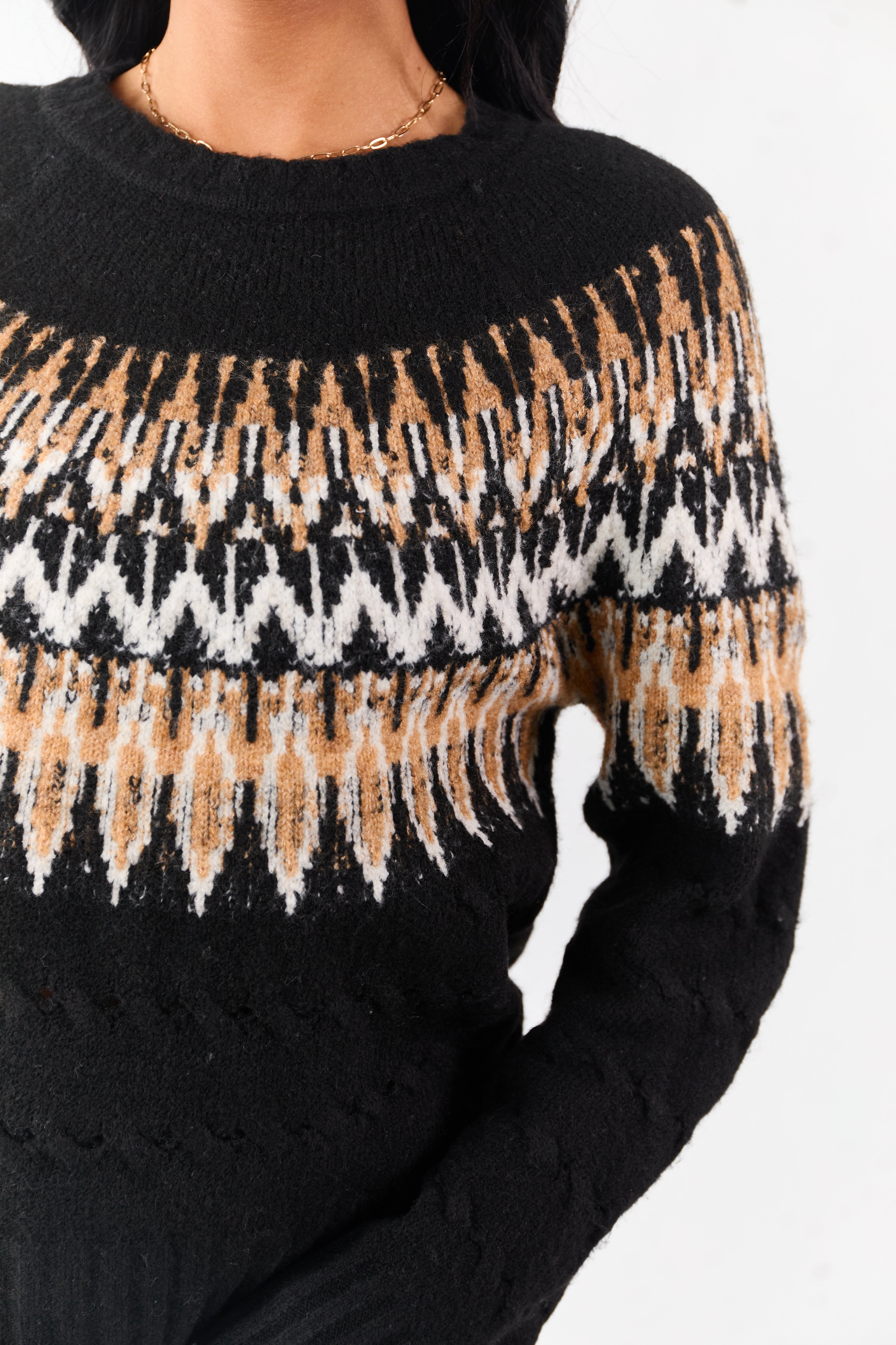 Black Cable Knit Fair Isle Pattern Relaxed Sweater