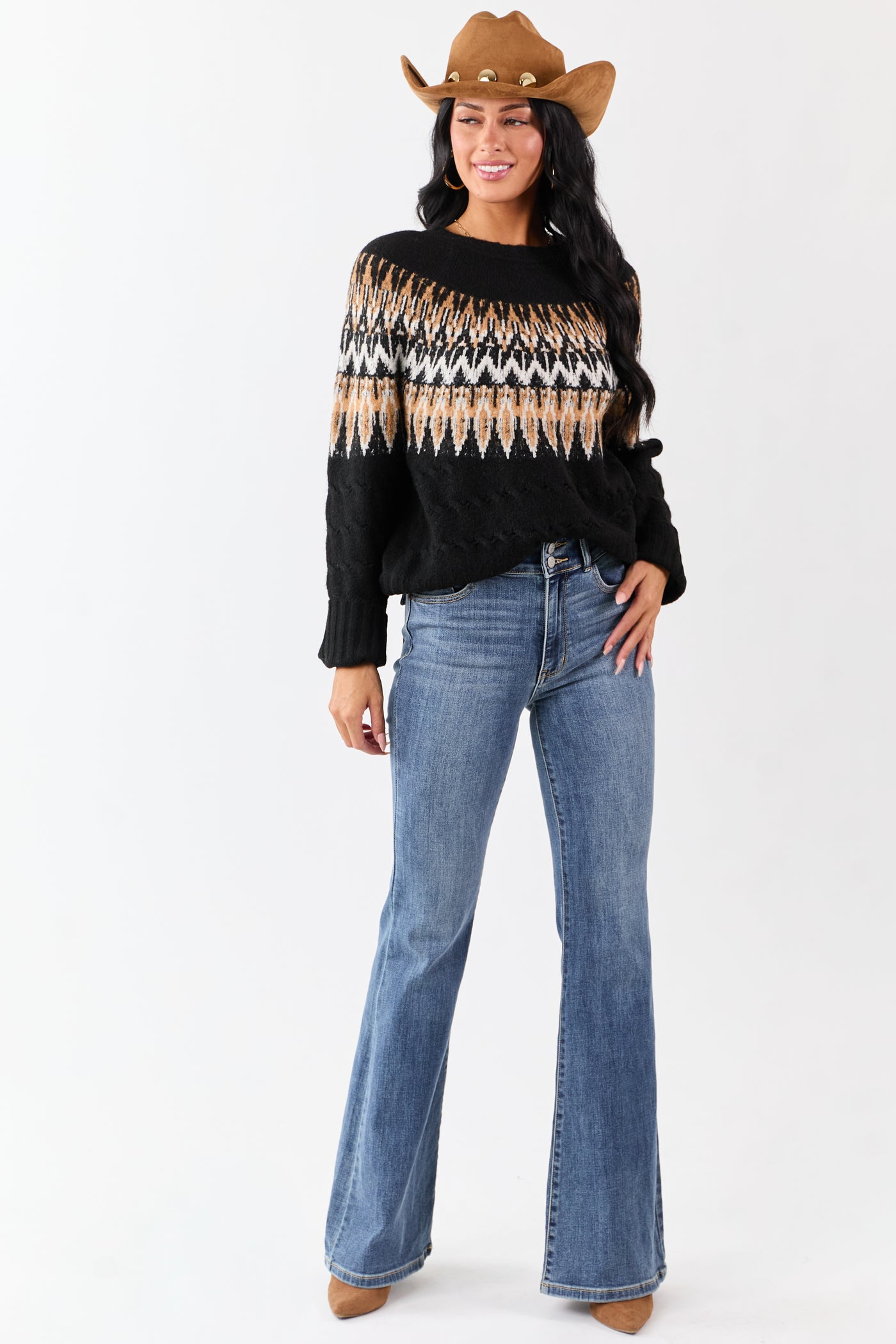 Black Cable Knit Fair Isle Pattern Relaxed Sweater