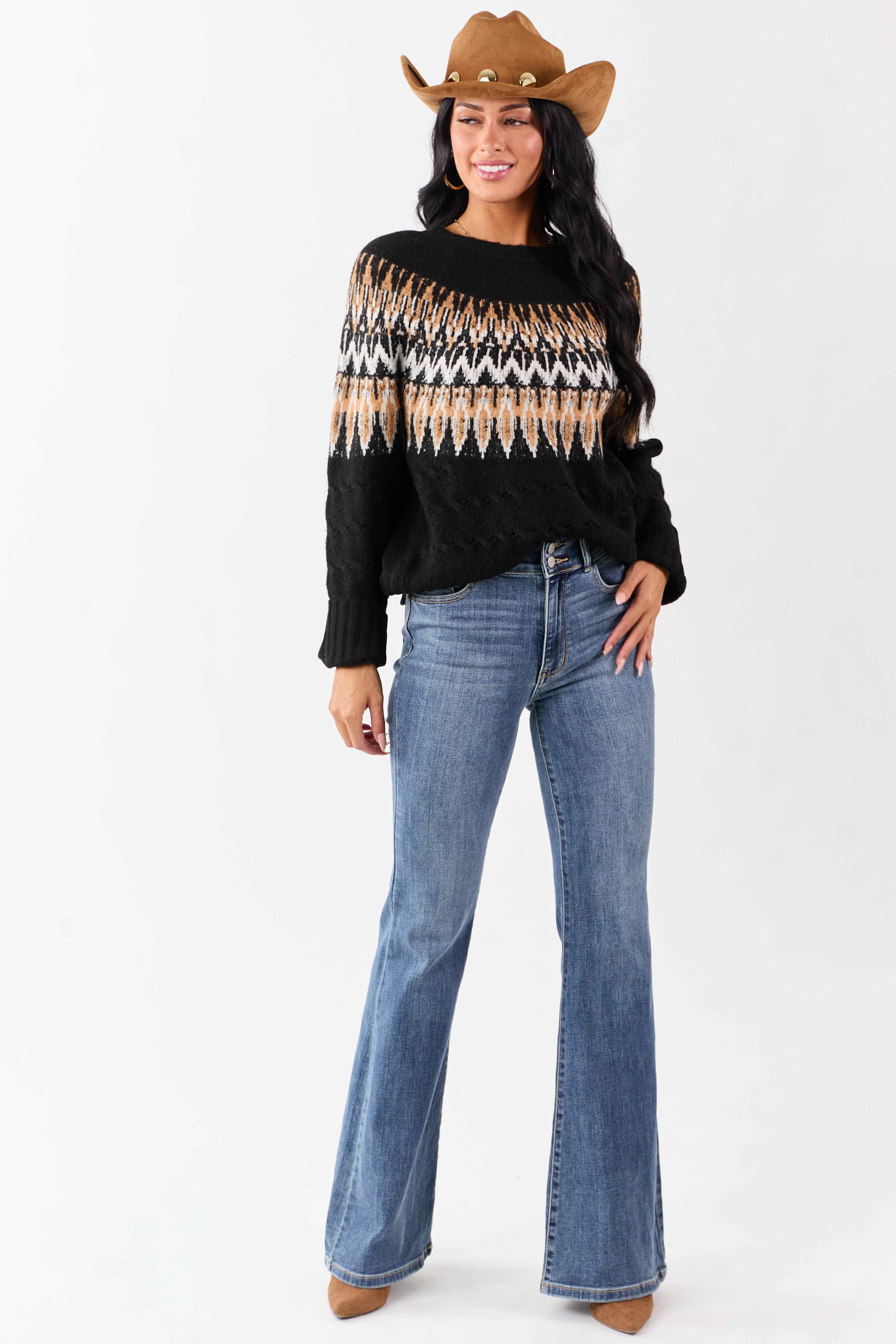 Black Cable Knit Fair Isle Pattern Relaxed Sweater