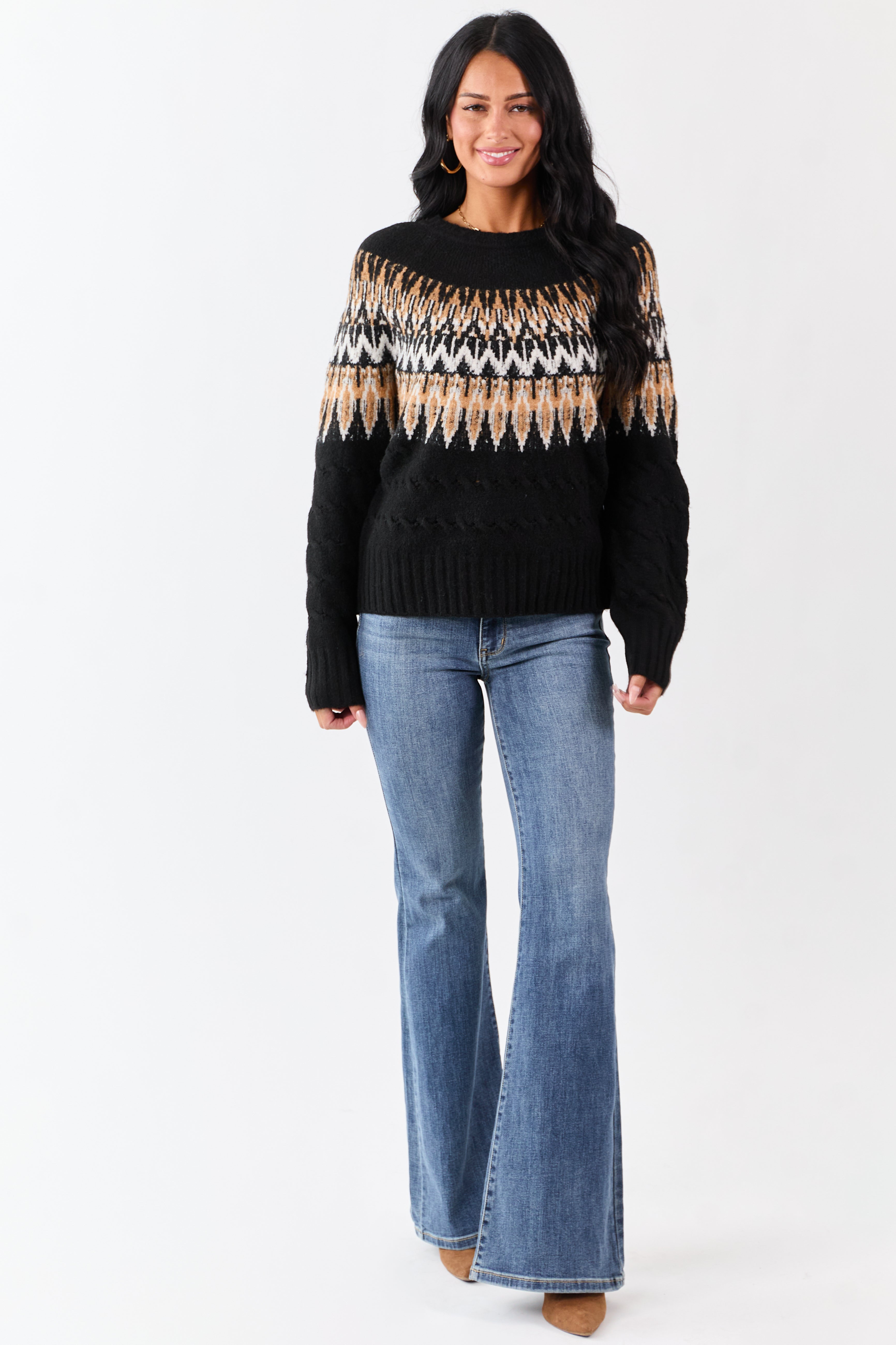 Black Cable Knit Fair Isle Pattern Relaxed Sweater