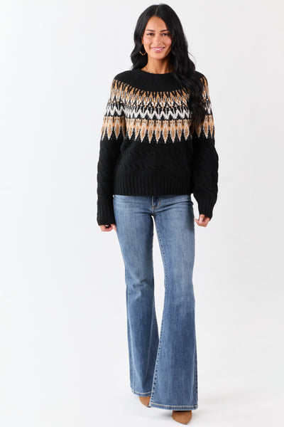 Black Cable Knit Fair Isle Pattern Relaxed Sweater