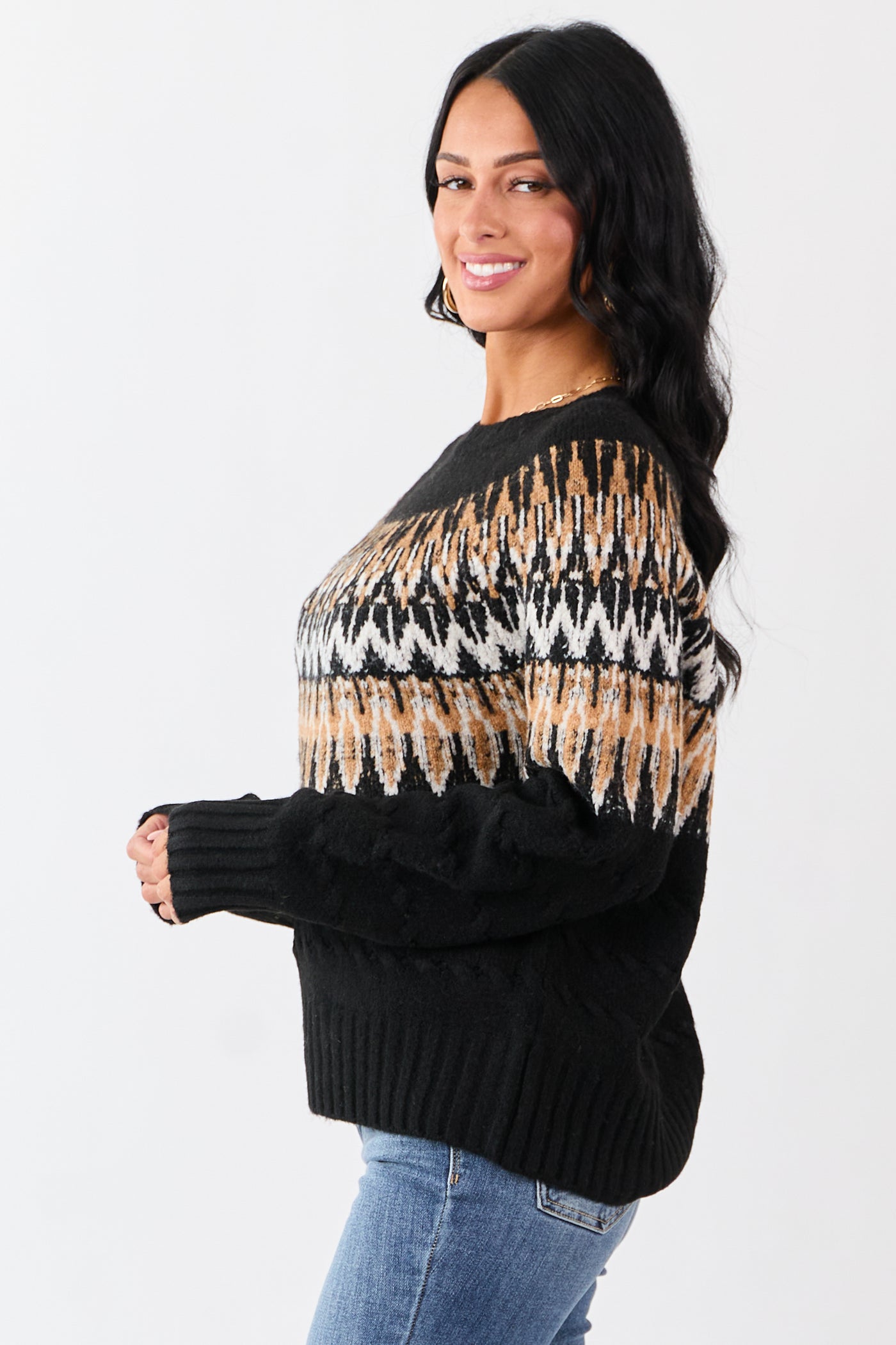 Black Cable Knit Fair Isle Pattern Relaxed Sweater