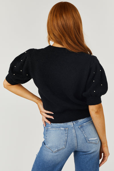 Black Cable Knit Pearl Studded Short Sleeve Sweater
