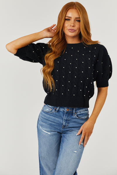 Black Cable Knit Pearl Studded Short Sleeve Sweater